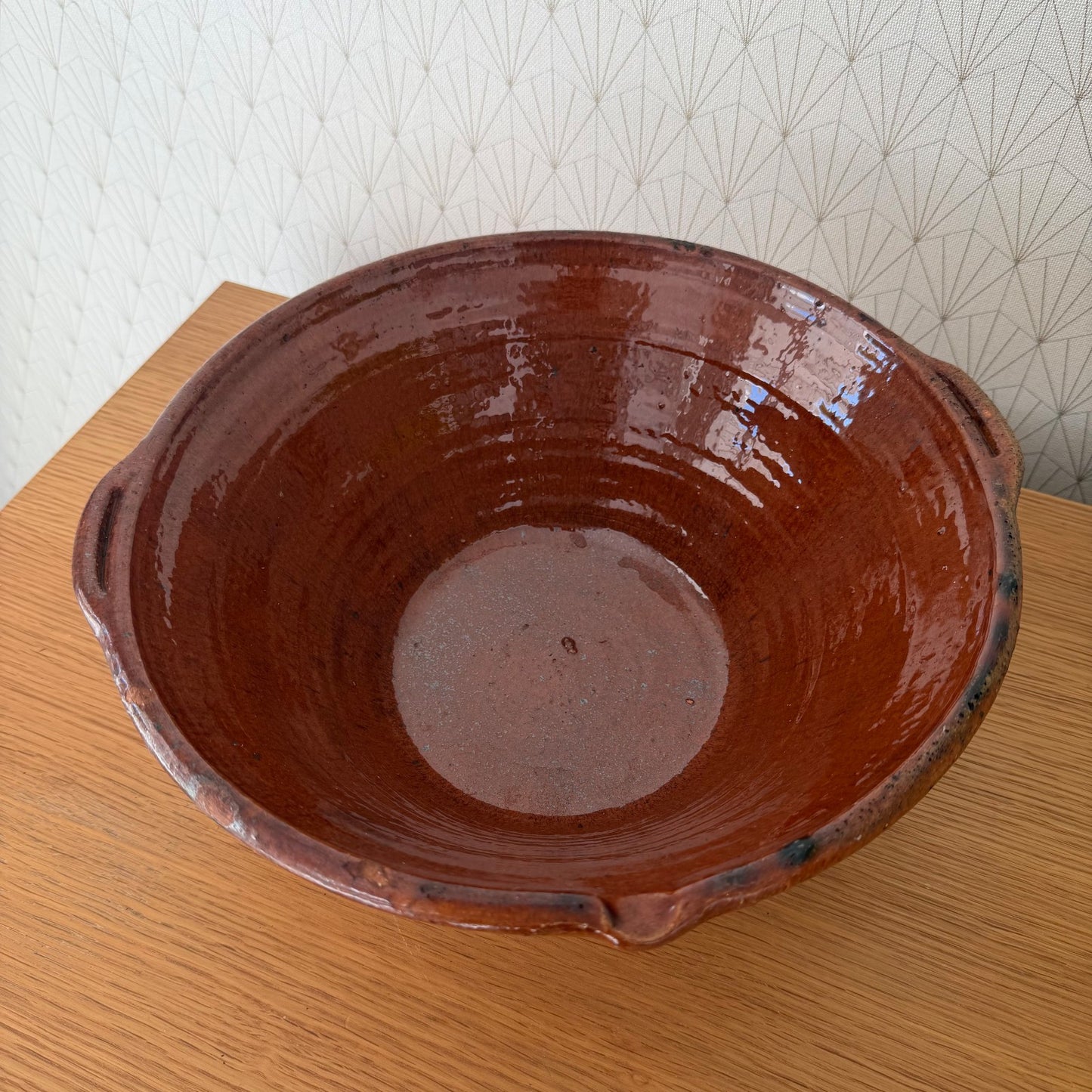 VINTAGE FRENCH GLAZED TERRACOTTA SALAD MIXING BOWL TERRINE TIAN 13 1/4" 0312253 Fleamarketfrance : French vintage and antique decor