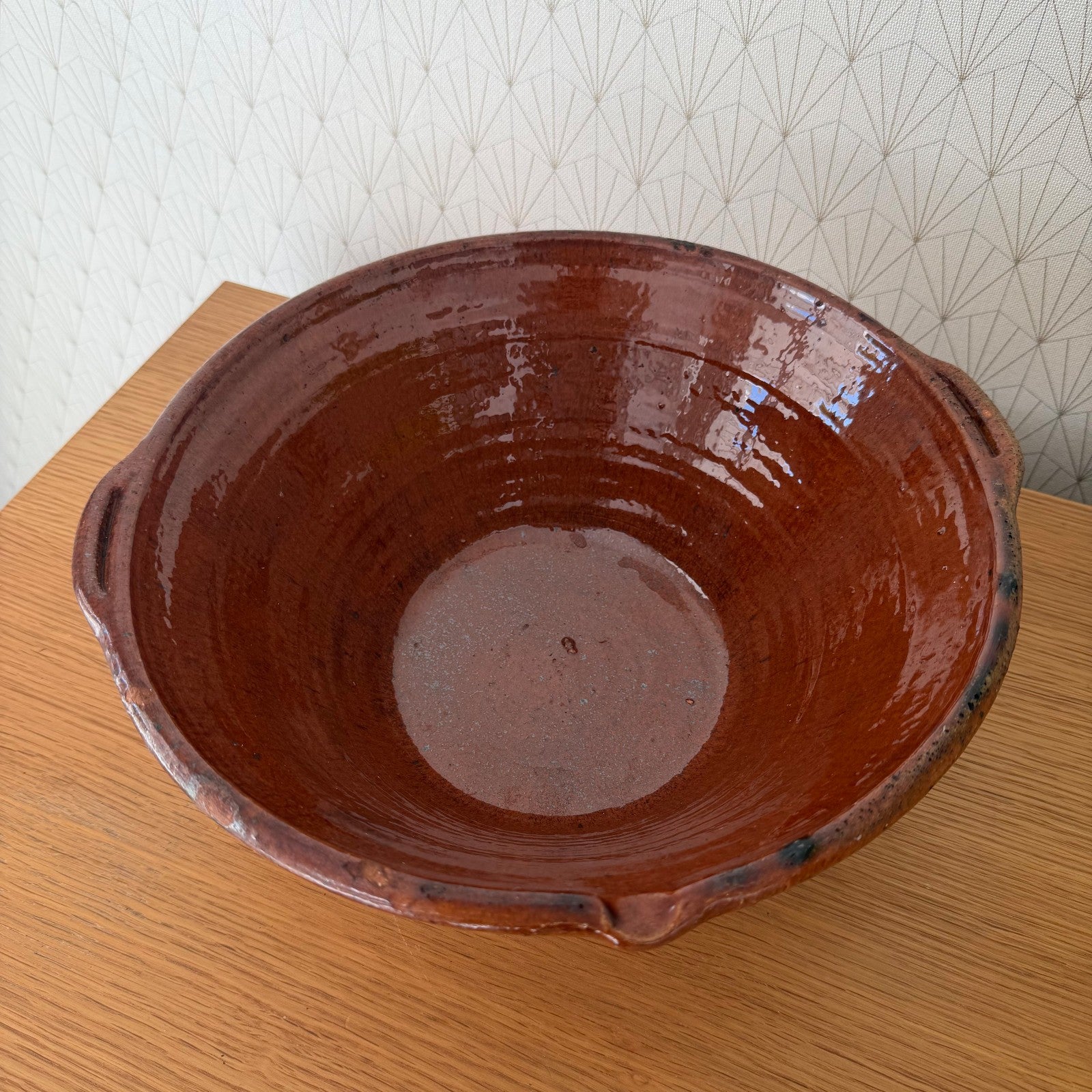VINTAGE FRENCH GLAZED TERRACOTTA SALAD MIXING BOWL TERRINE TIAN 13 1/4" 0312253 Fleamarketfrance : French vintage and antique decor