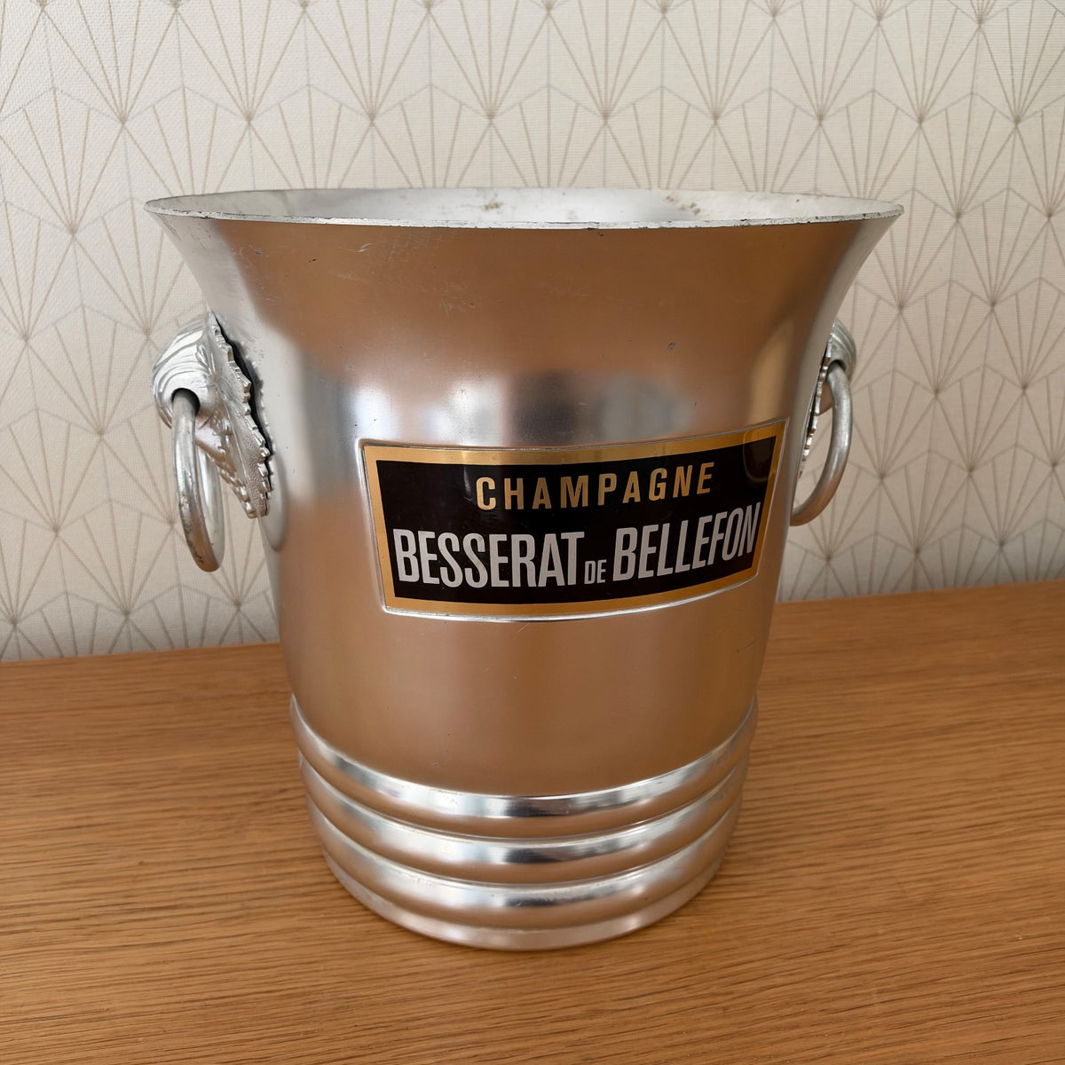 Full view of Besserat de Bellefon aluminum ice bucket with ribbed base detail