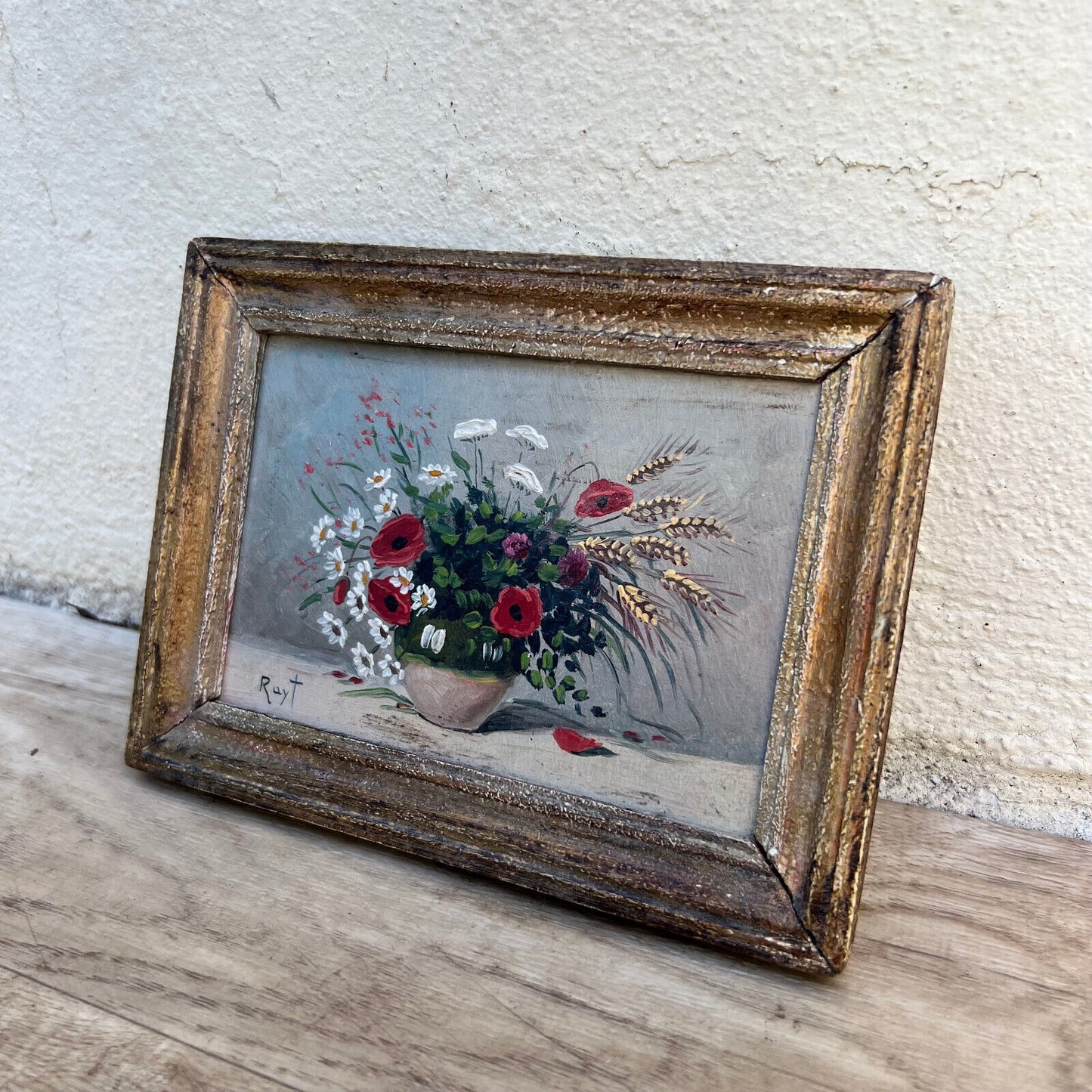 Small French still life flowers poppies painting framed and signed 0610243 - Fleamarketfrance