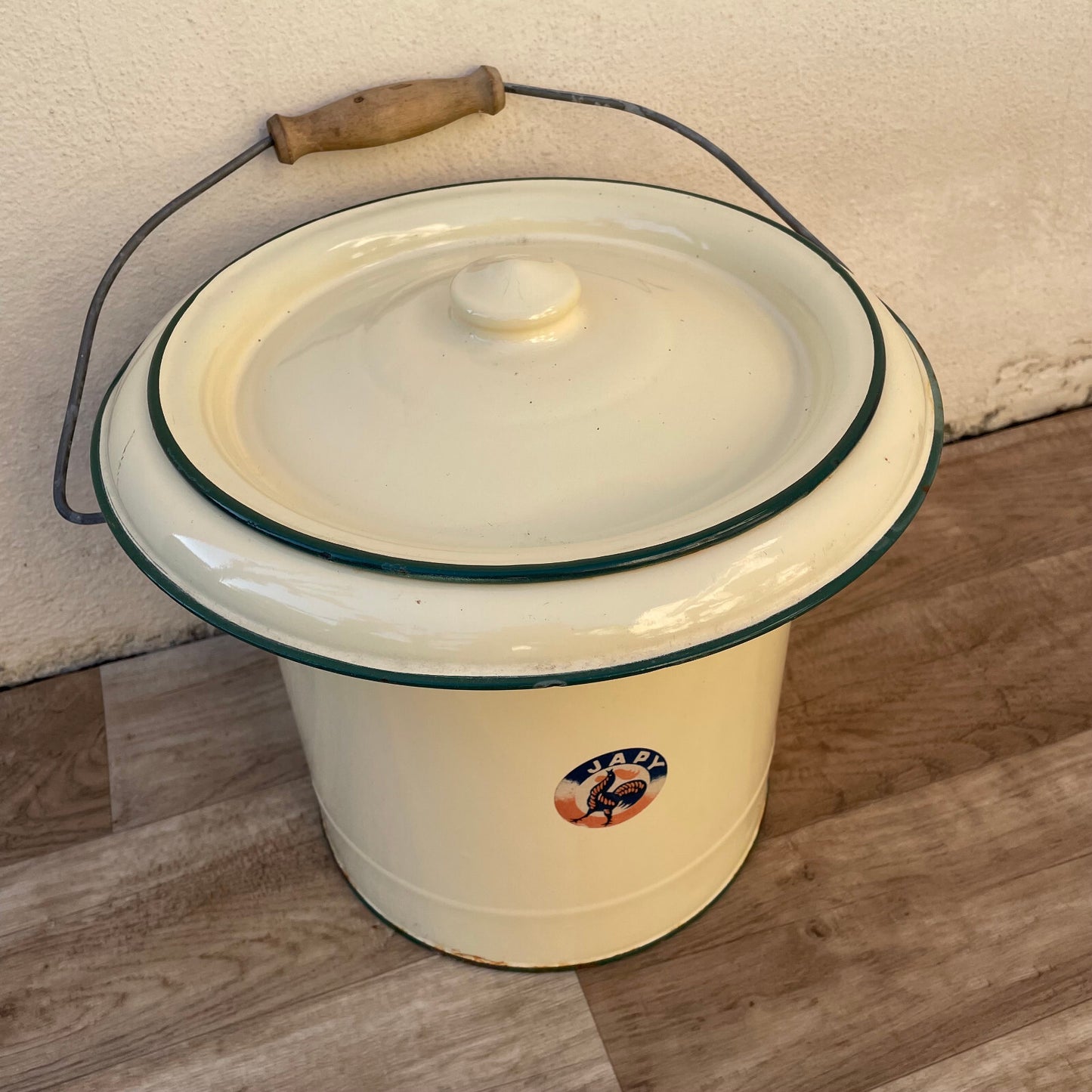 Vintage French Enamel water enameled bucket yellow tag JAPY bathroom 1512251 Fleamarketfrance