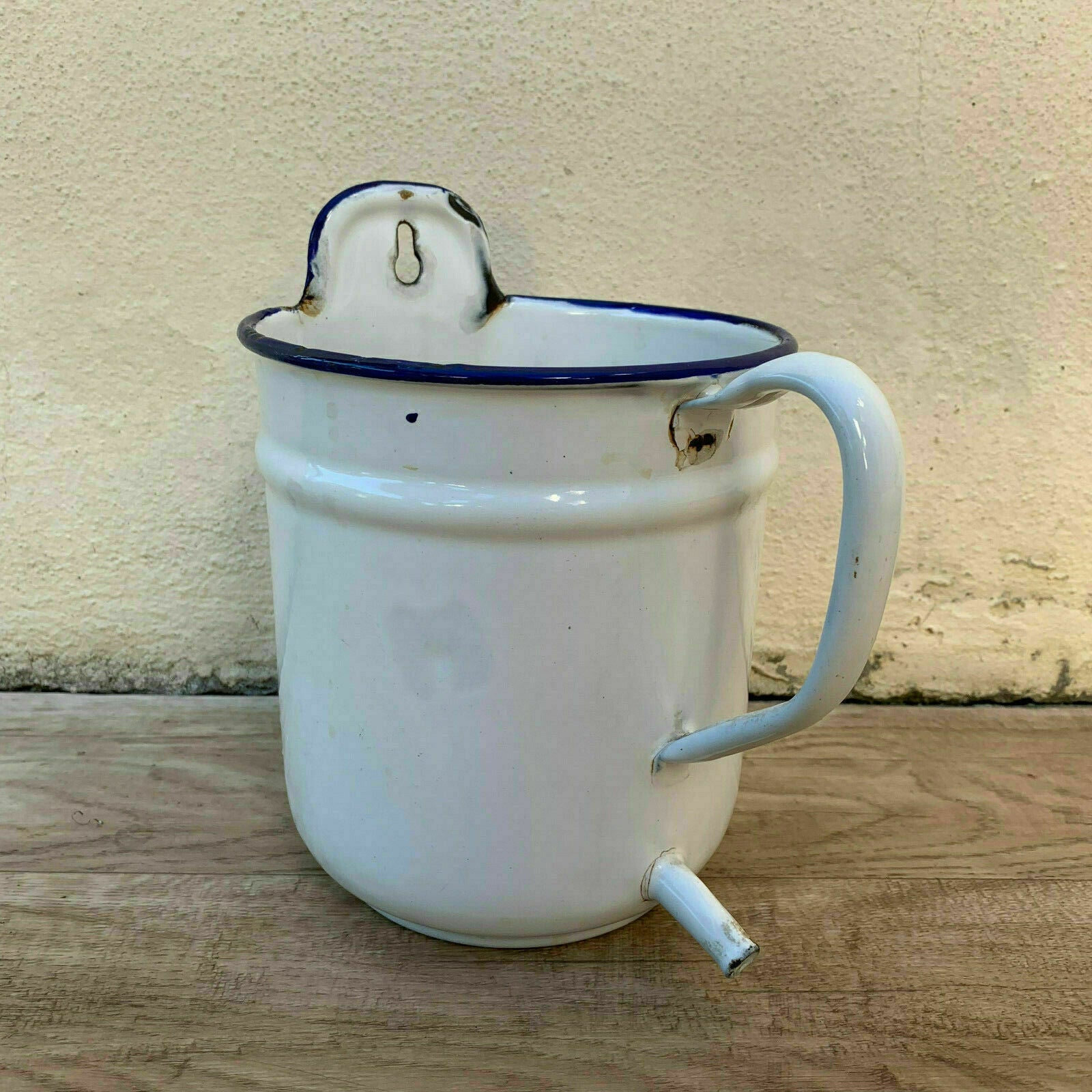 French Enamel Irrigator Vintage Medical White Blue Enamelware 10161917 Fleamarketfrance