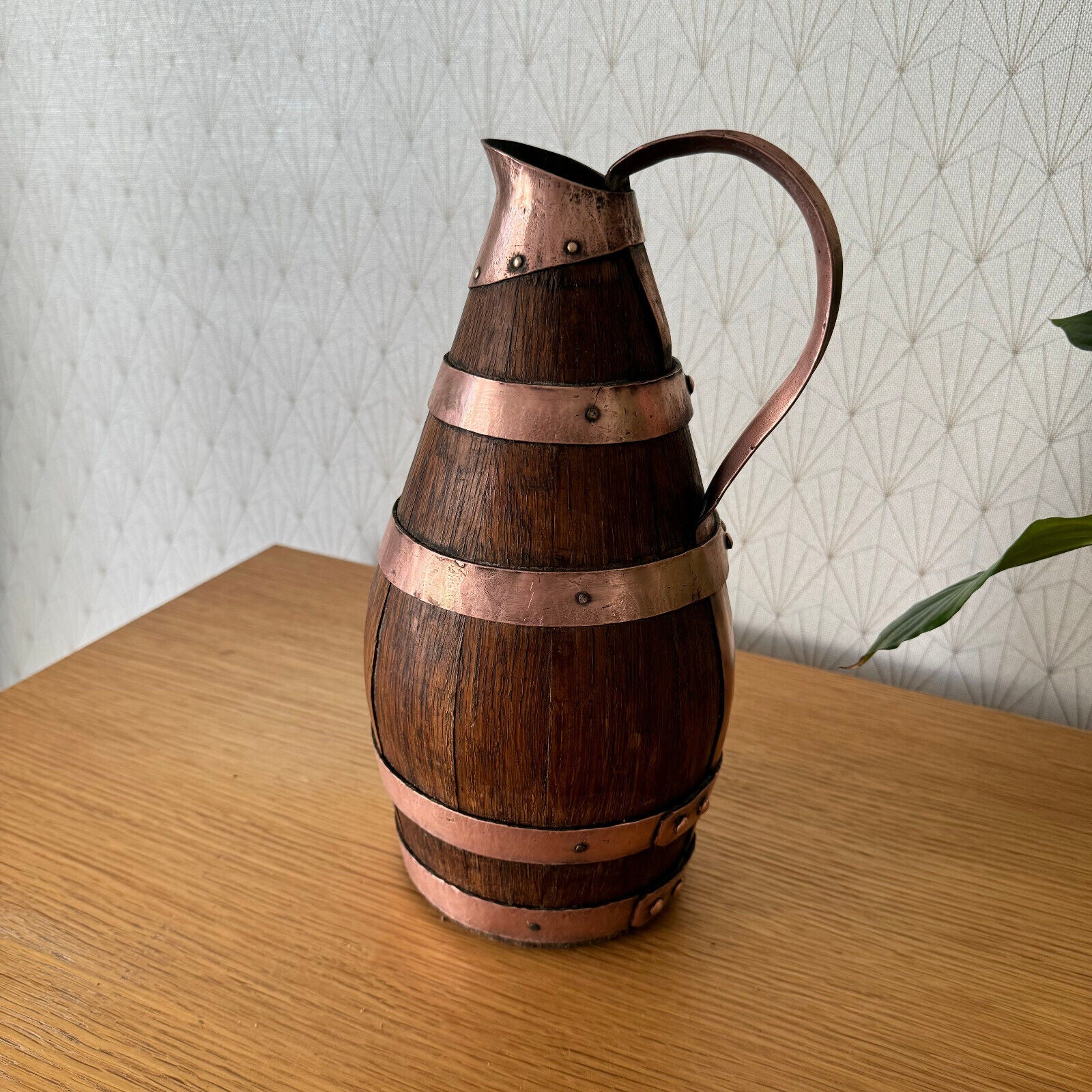 Vintage French Wooden Wine Cider Jug Pitcher Staved Wood Metal 11 1/2" 19062411 - Fleamarketfrance