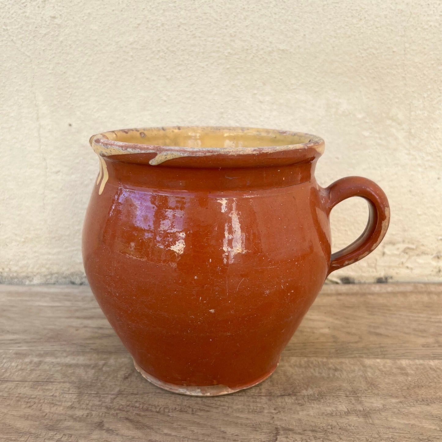 Vintage French Terracotta Mug Handmade Brown Yellow Pottery Cup 1105221 Unmarked