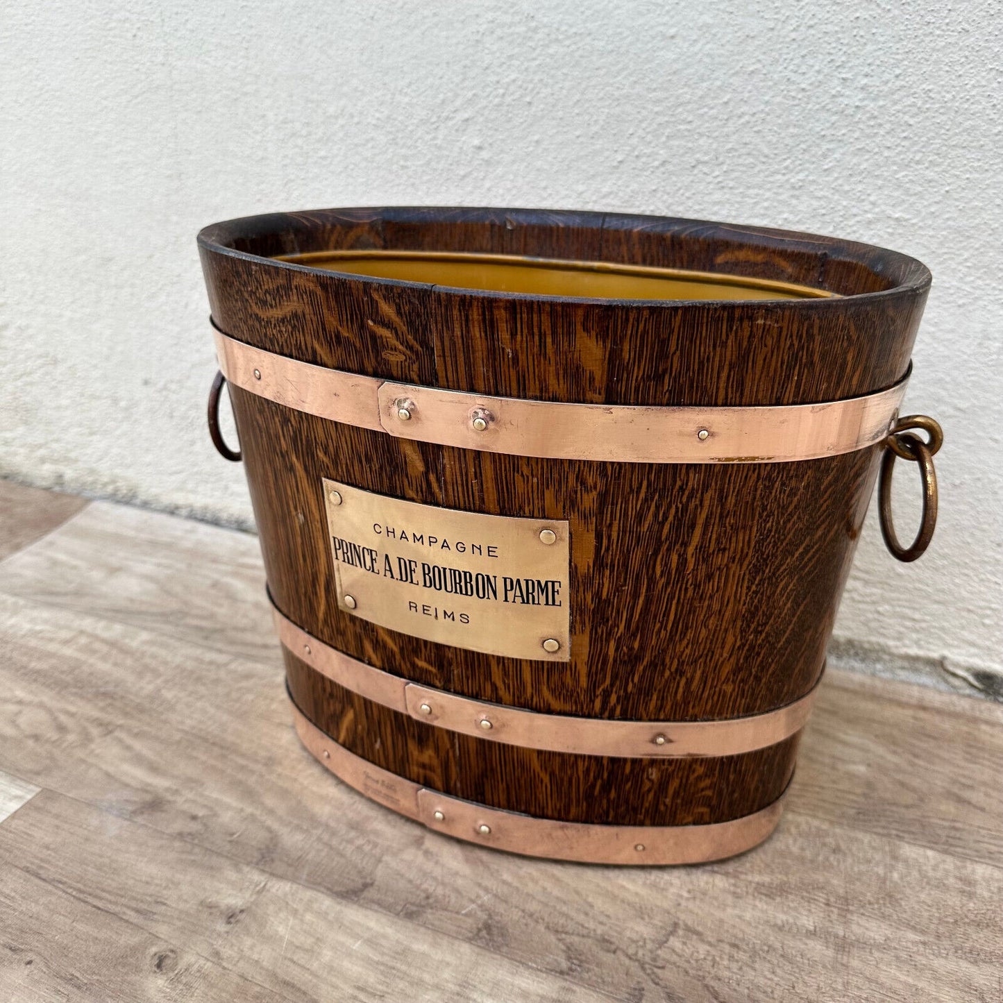 Vintage French Champagne Ice Bucket Cooler Made France WOOD BRASS 1805234 - Fleamarketfrance
