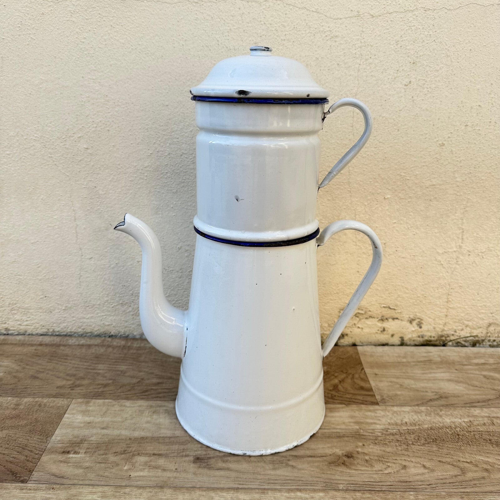 French Enamel Coffee Pot White Blue Trim Biggin Filter Vintage 1302233 Fleamarketfrance