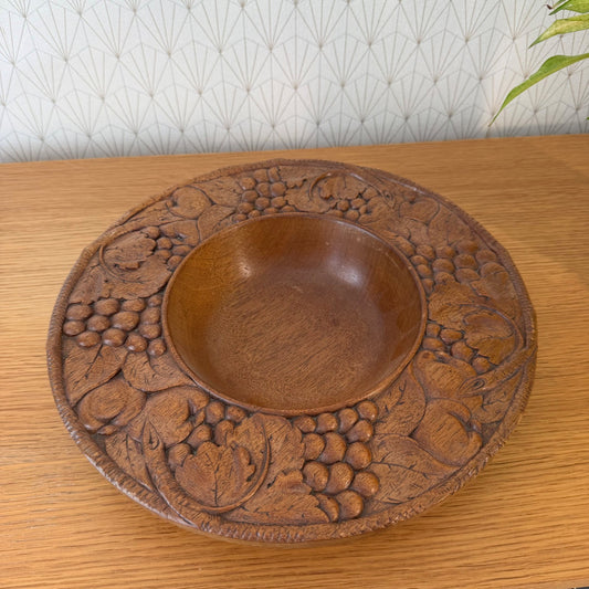 Vintage French Carved Wooden Fruit Bowl Grape Motif 13.6" 1006265 Vermillion Real Walnut