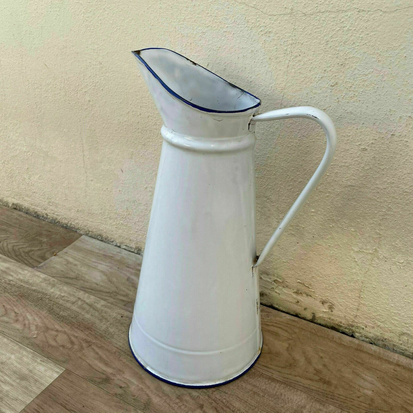 Vintage French Enamel Pitcher White Blue Rim Water Jug Farmhouse 18042125 Fleamarketfrance