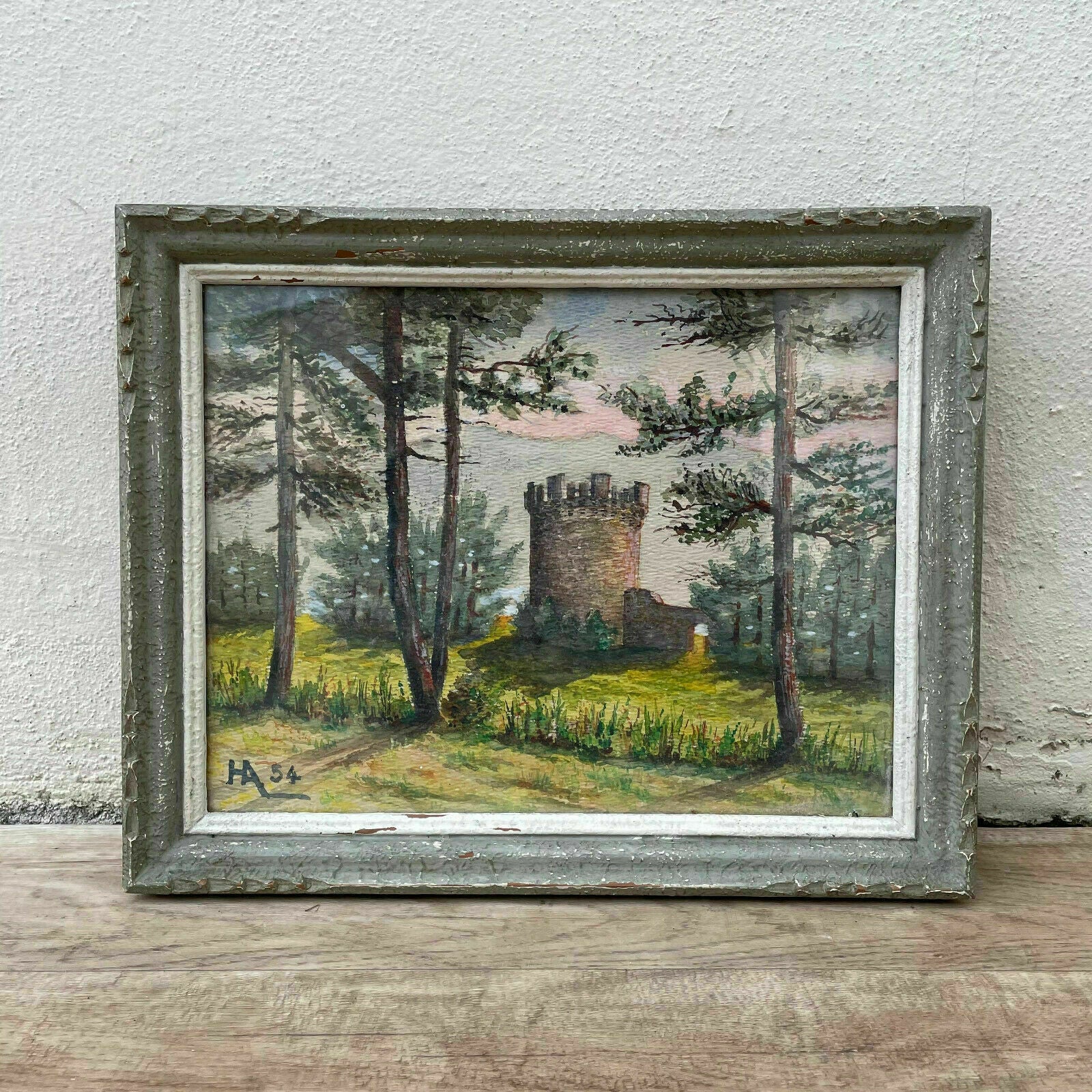 French Watercolor Castle Landscape Painting Signed HA54 Vintage 15022120 Fleamarketfrance