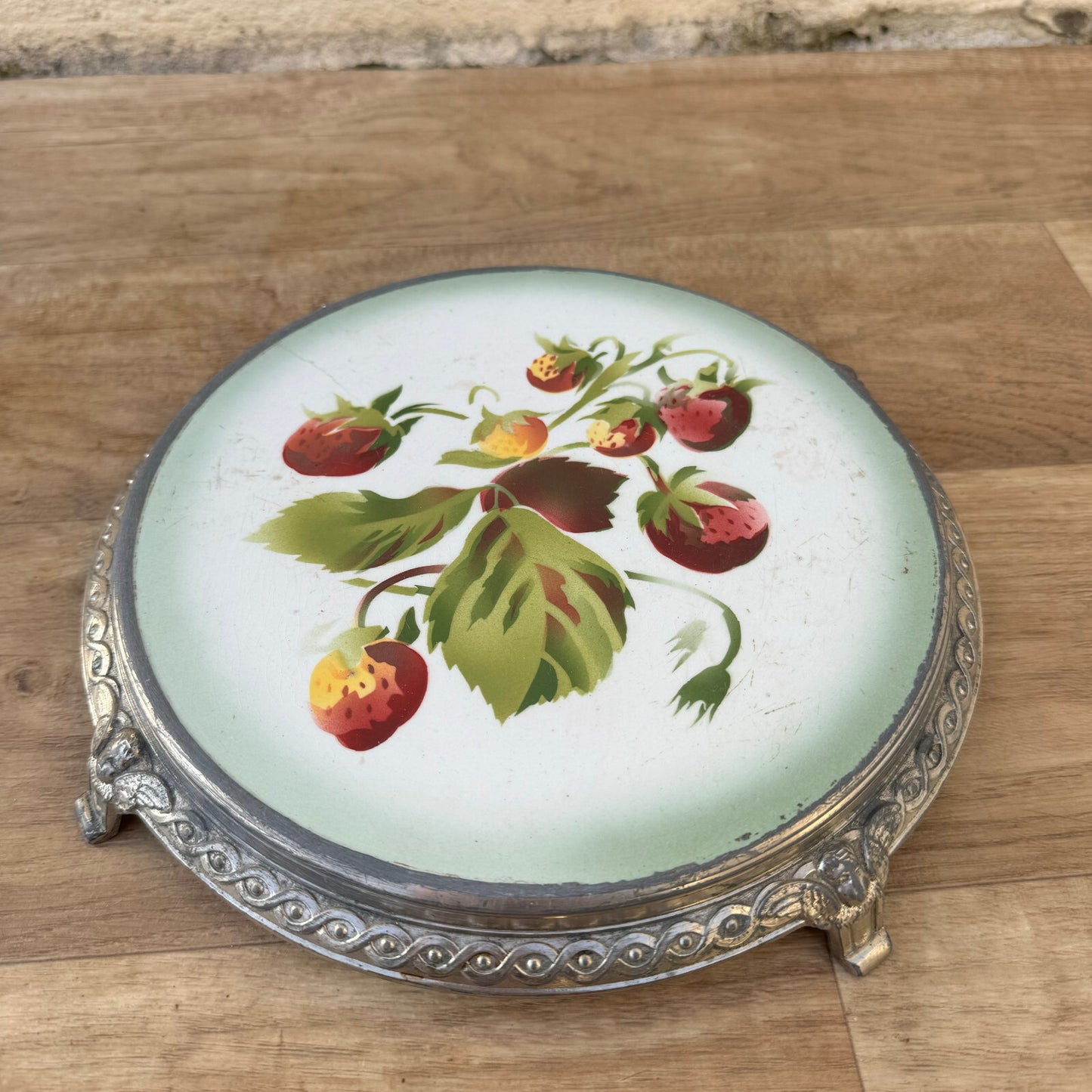 French Vintage Trivet Porcelain Strawberry Metal Stand 1930s 06022414 Unbranded