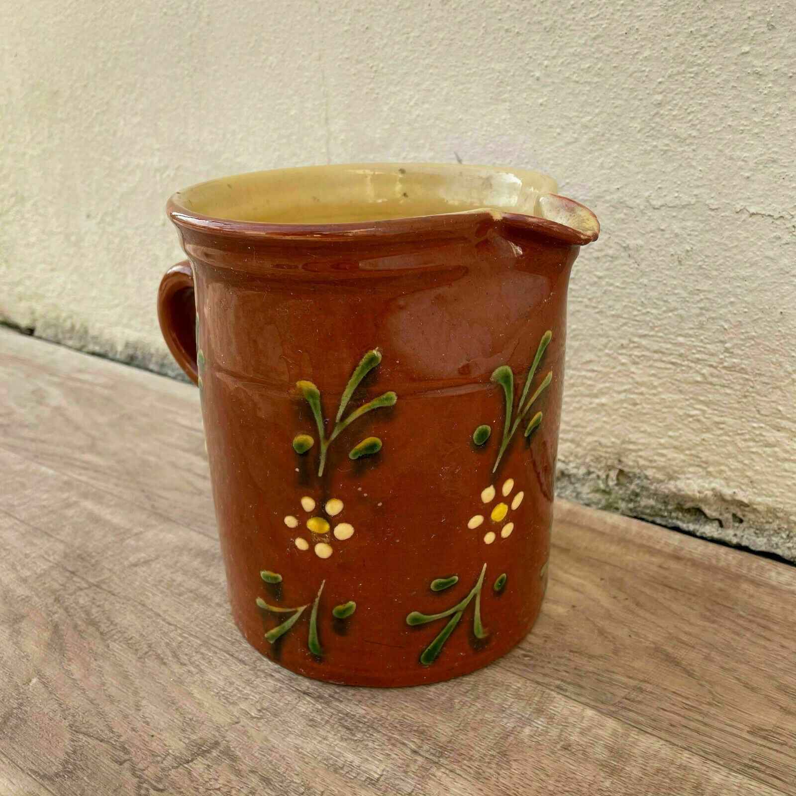 HANDMADE GLAZED GREEN BROWN VINTAGE FRENCH PITCHER TERRACOTTA 0904214 - Fleamarketfrance