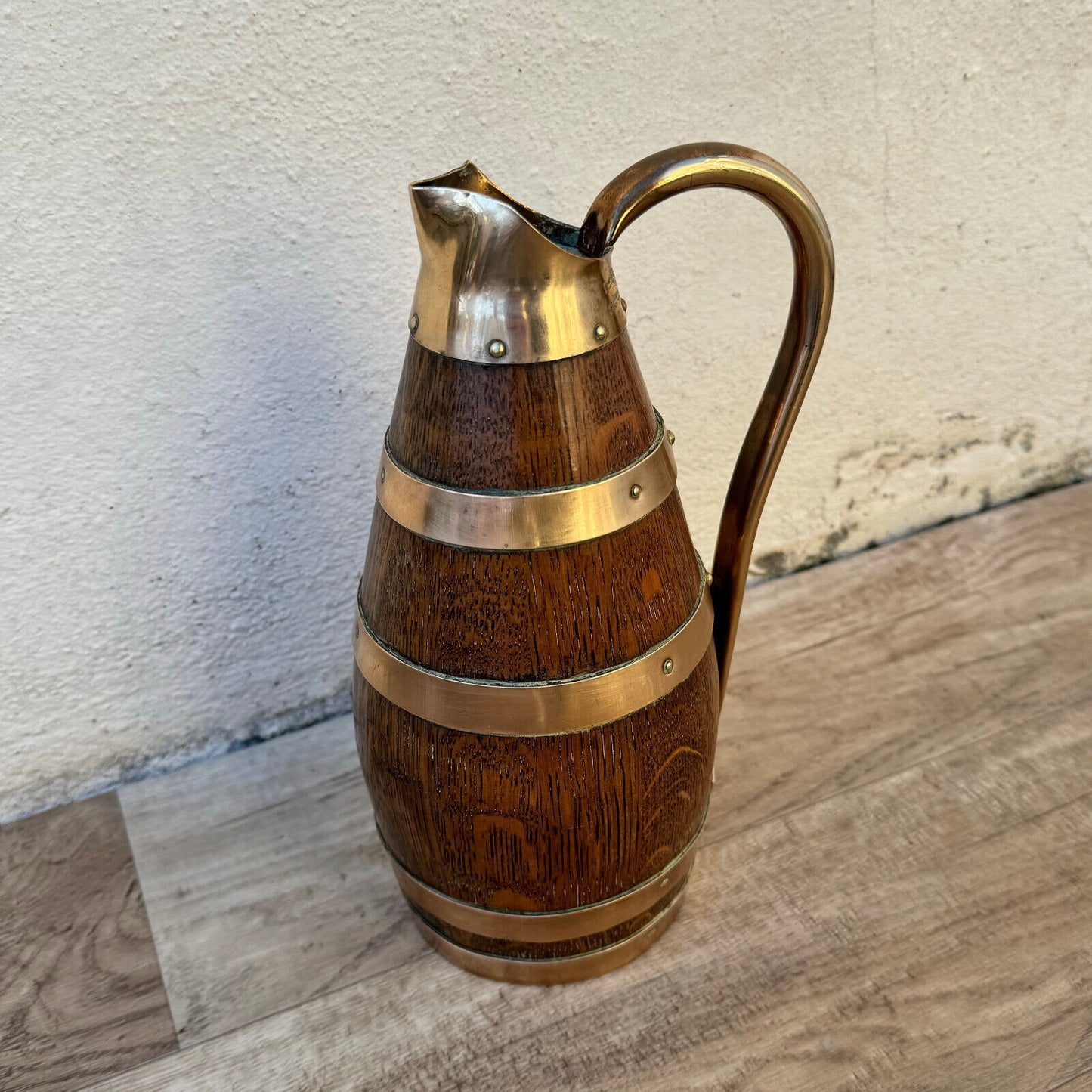 Vintage French Wooden Wine Cider Jug Pitcher Staved Wood Metal 9 1/2" 0405246 - Fleamarketfrance