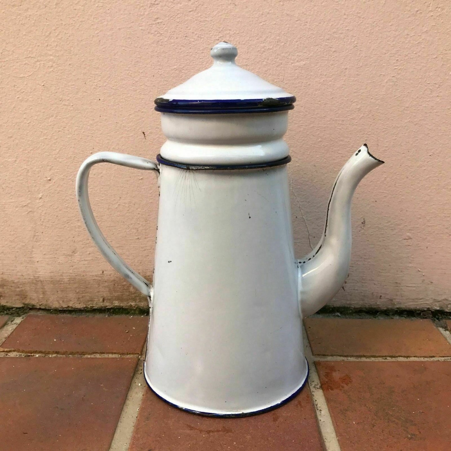 RARE Vintage French Enamelware white and blue Enamel Coffee Pot - Fleamarketfrance