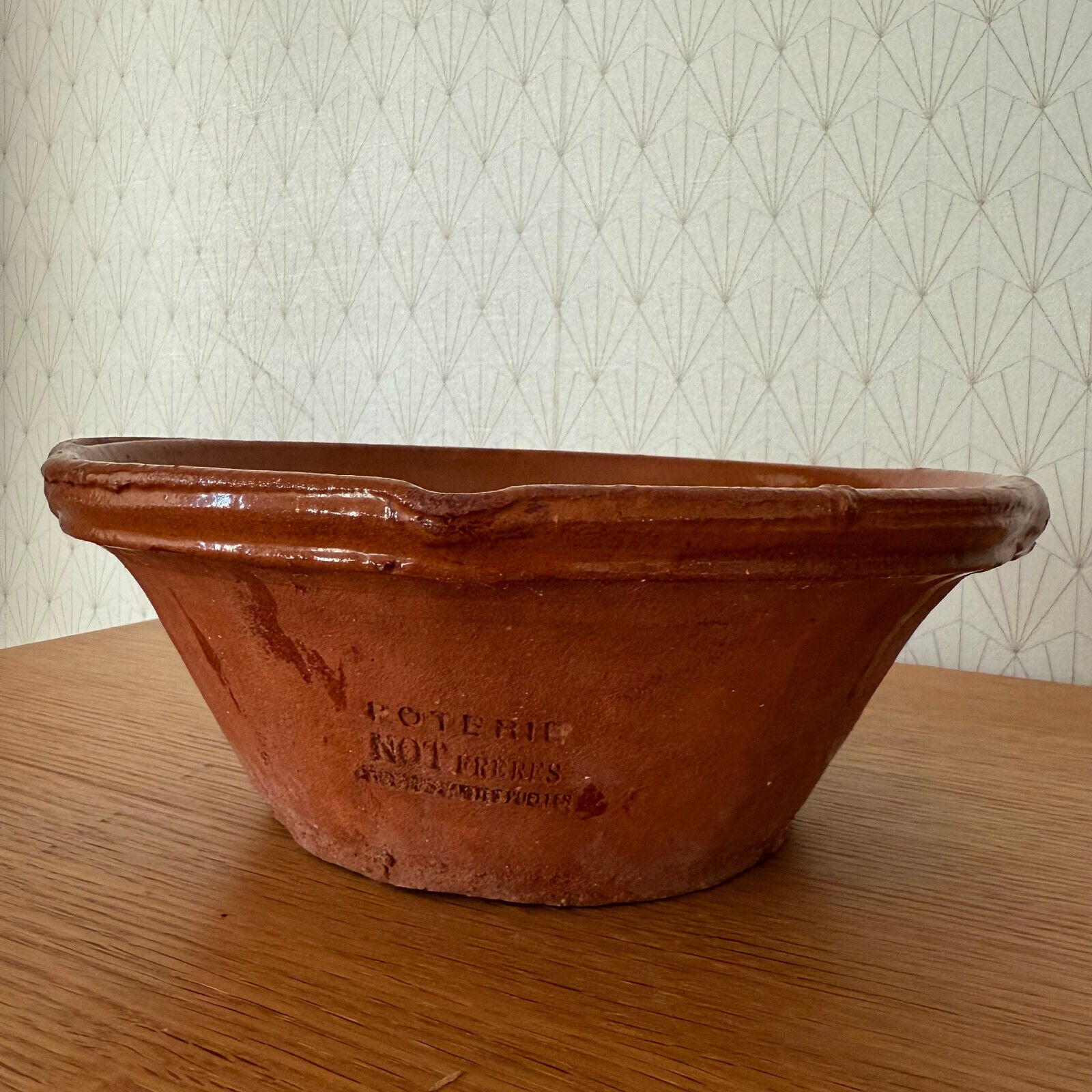 VINTAGE FRENCH GLAZED TERRACOTTA SALAD MIXING BOWL TERRINE TIAN 10 1/4" 0211242 - Fleamarketfrance