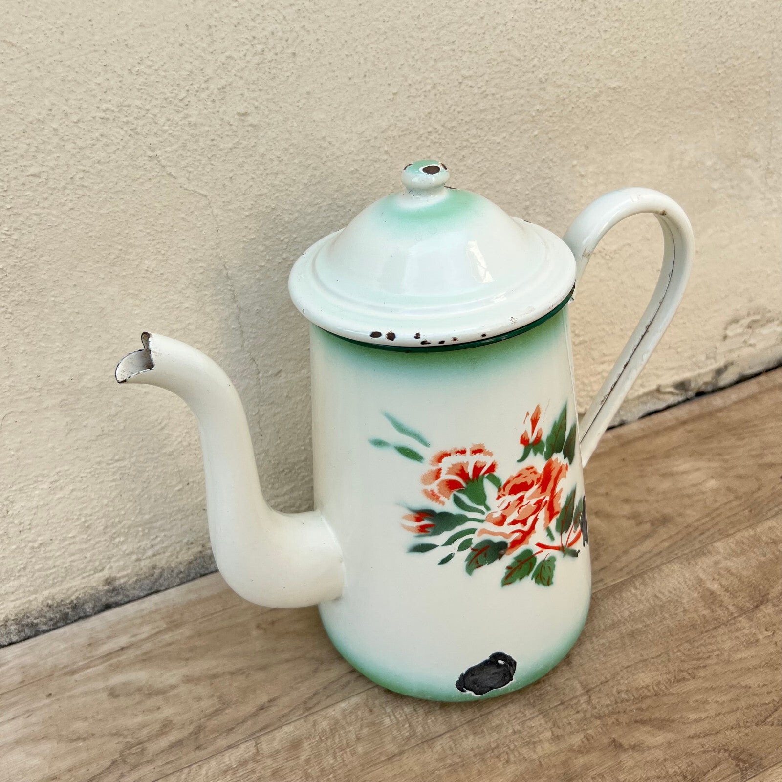 French Enamel Coffee Pot Rose Floral Vintage Green White 26052216 White