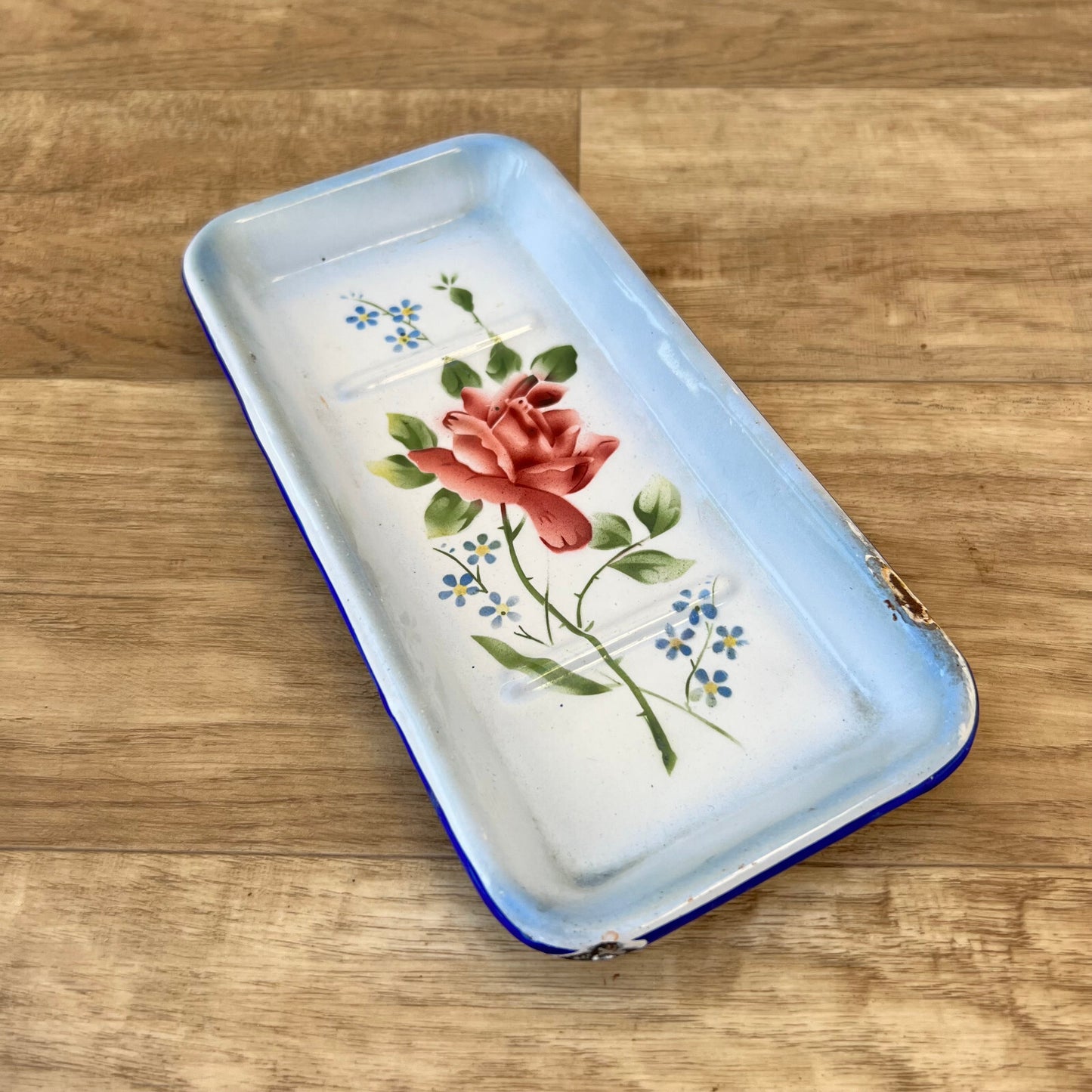 French Enamel Tray Rose Floral Blue White Serving Dish Vintage 20072228 Unmarked