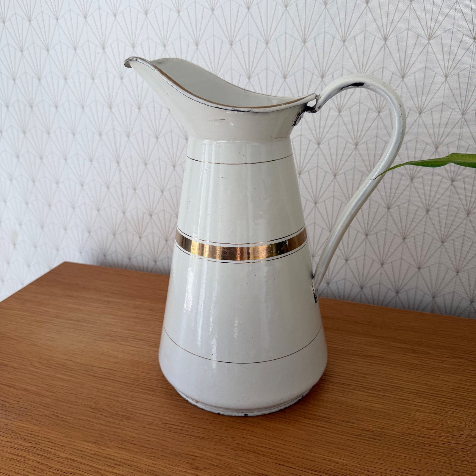 Vintage French Enamel Pitcher White Gold Band Water Jug Antique 1302265 Fleamarketfrance