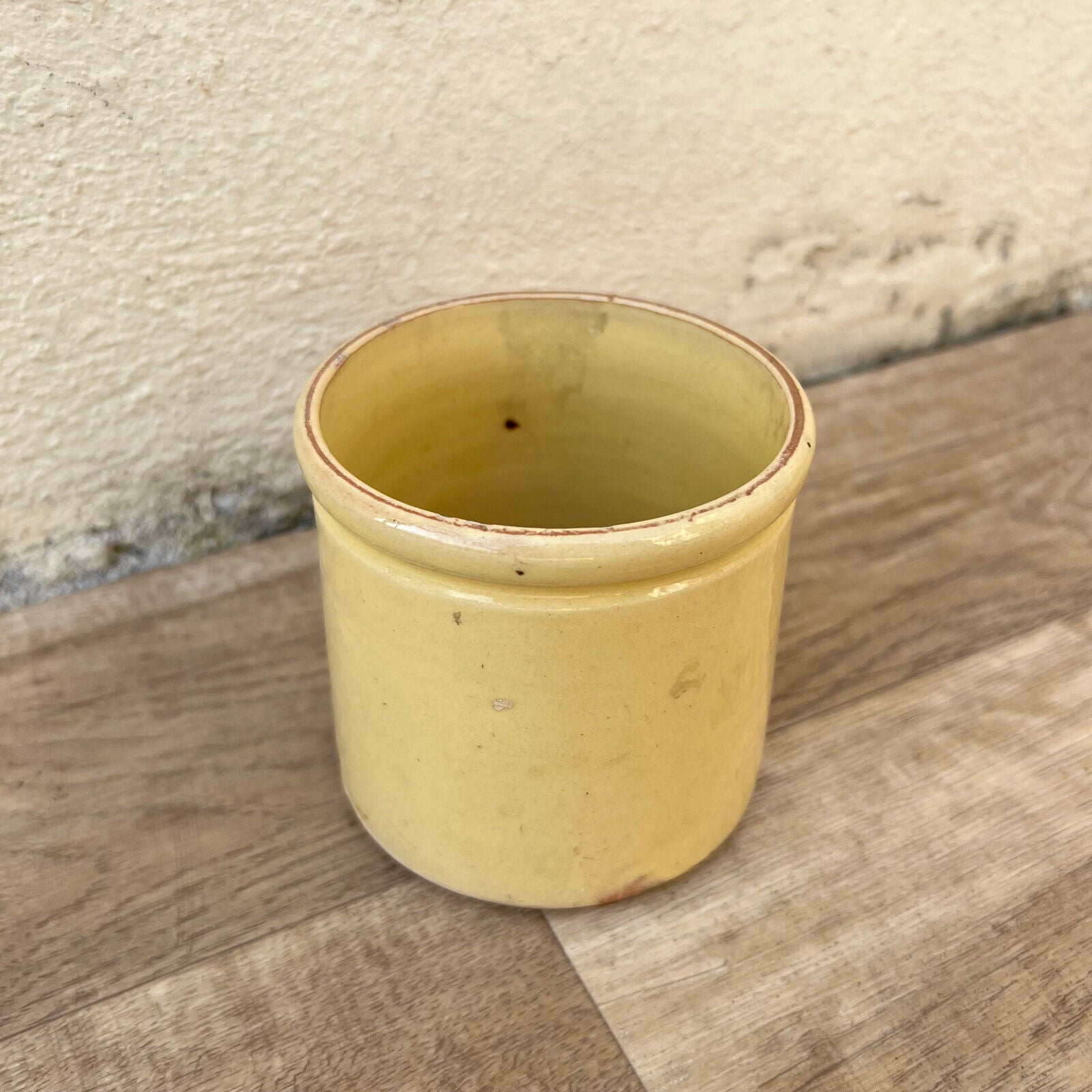 HANDMADE GLAZED YELLOW ANTIQUE FRENCH CONFIT JAM POT 3 1/2" TERRACOTTA  12102412 - Fleamarketfrance