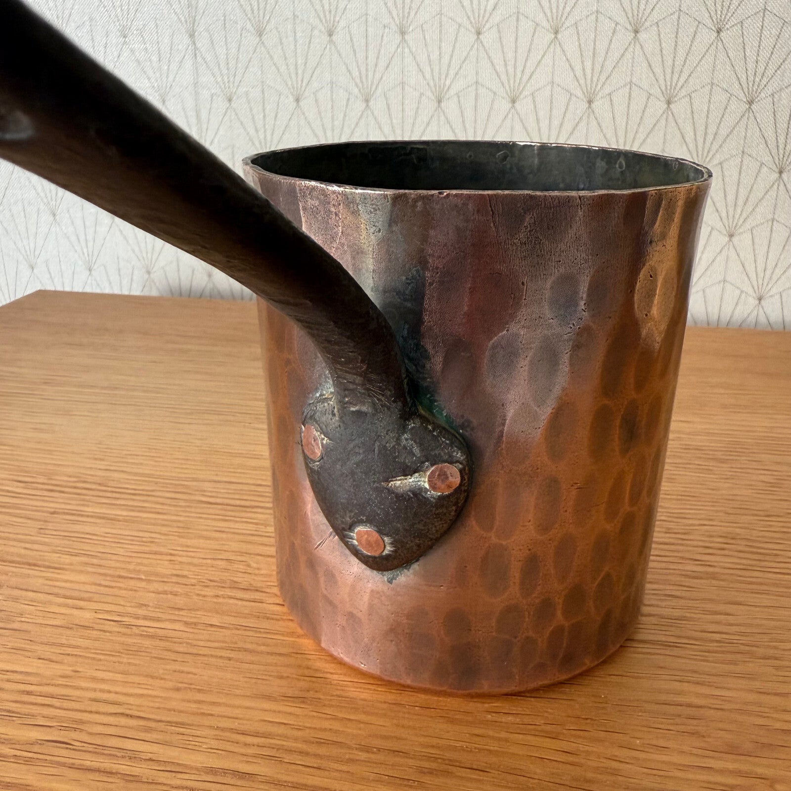 Antique French Copper Saucepan Hammered Tin Lined Iron Handle 2205255 Unbranded