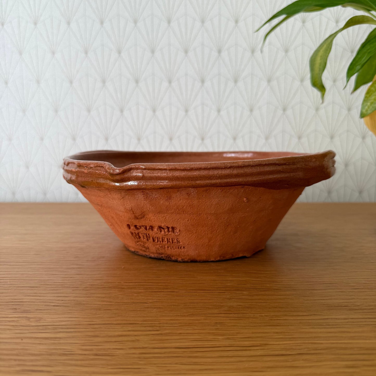 VINTAGE FRENCH GLAZED TERRACOTTA SALAD MIXING BOWL TIAN  NOT FRERES 04062515