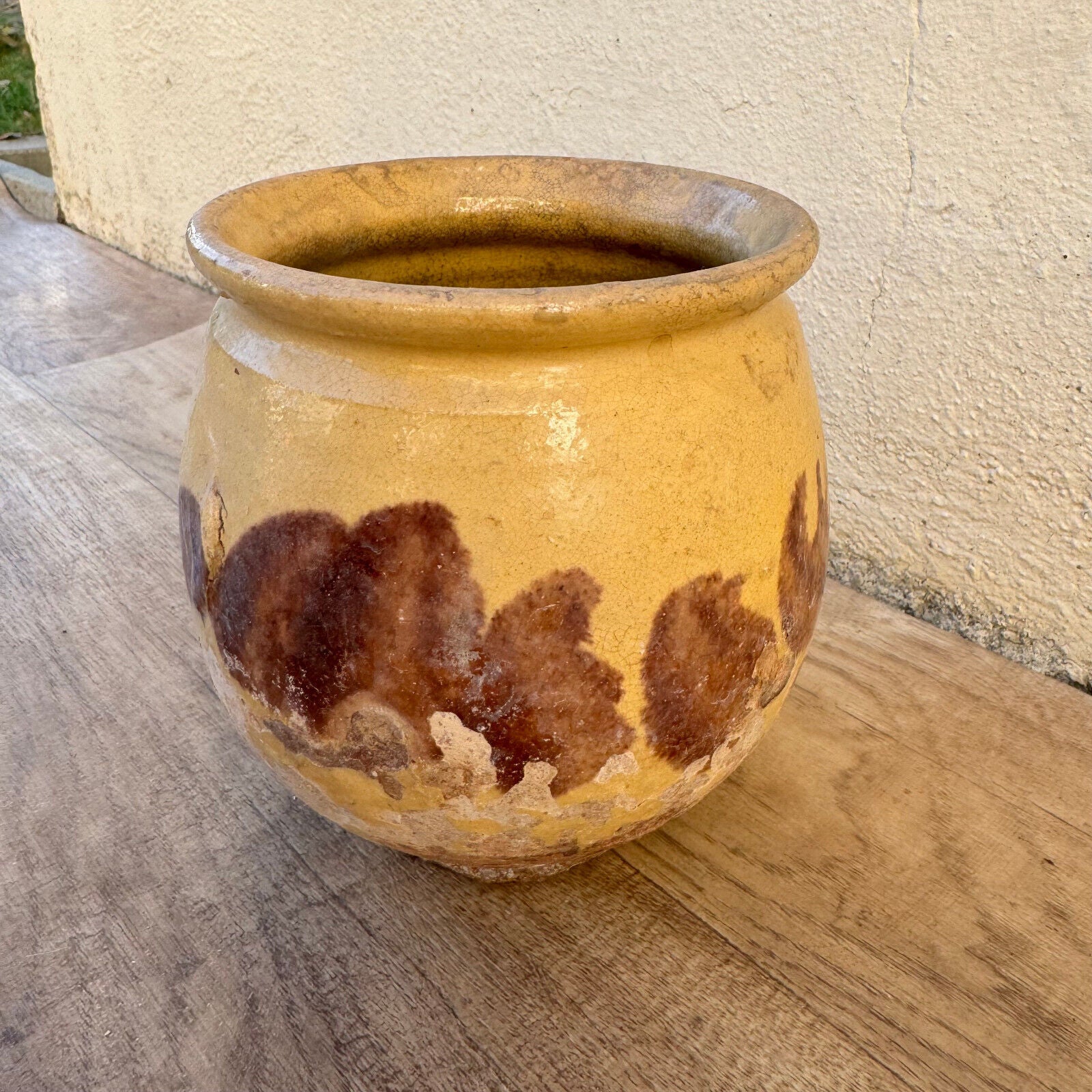 HANDMADE GLAZED BROWN YELLOW ANTIQUE FRENCH HONEY POT TERRACOTTA 1202257 - Fleamarketfrance