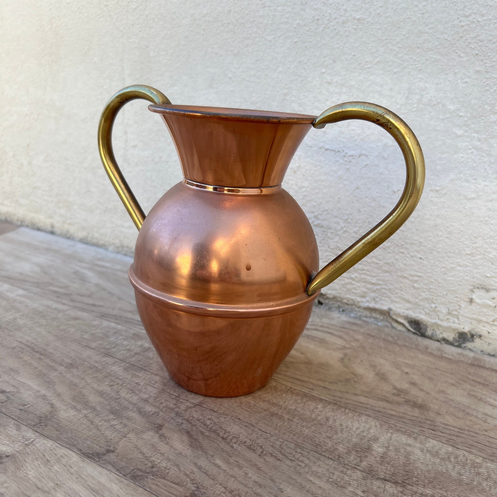 French Copper Pitcher Villedieu Brass Handles Vase 7" Normandy 26052229 Villedieu