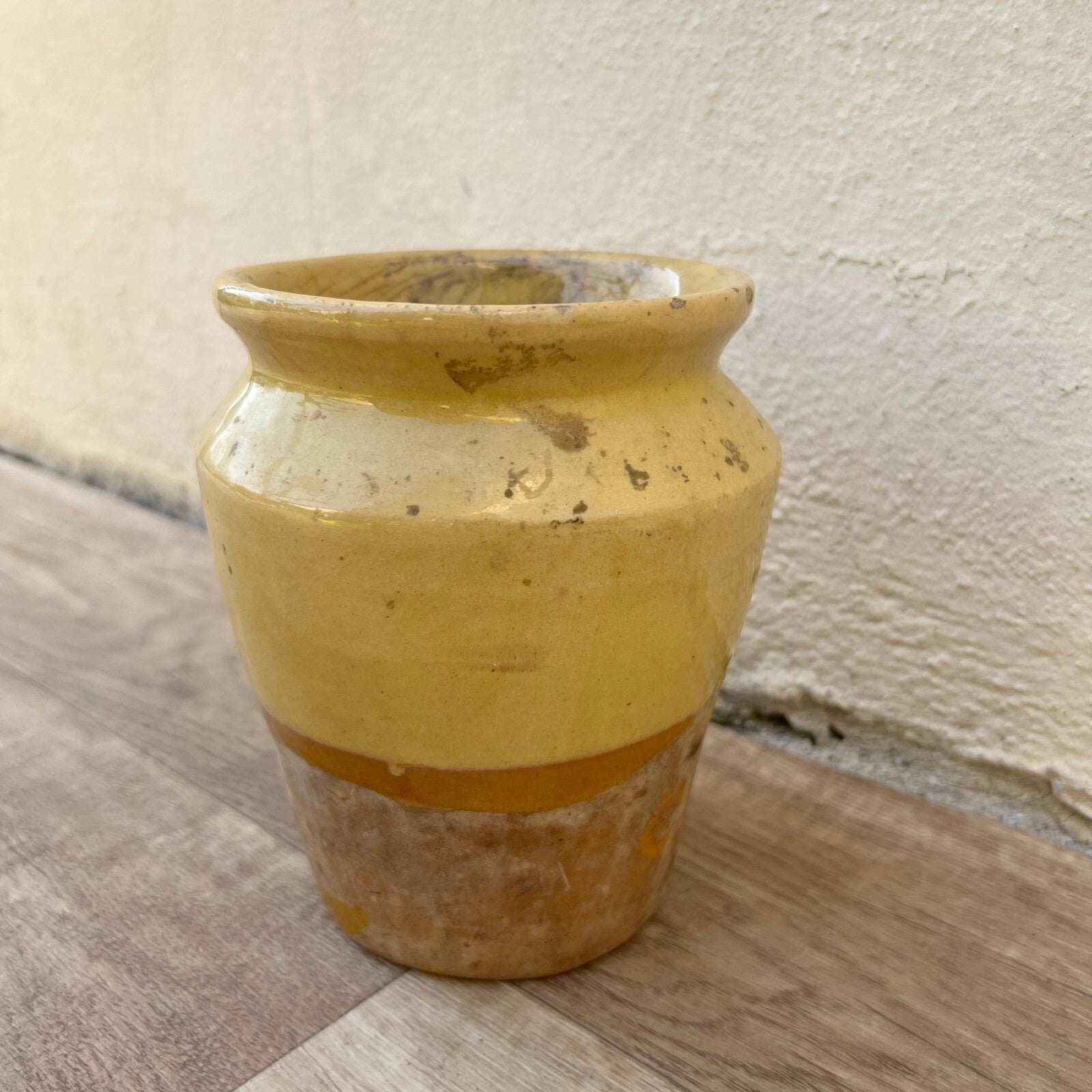HANDMADE GLAZED YELLOW ANTIQUE FRENCH MUSTARD POT 6" TERRACOTTA 0406251 Unmarked