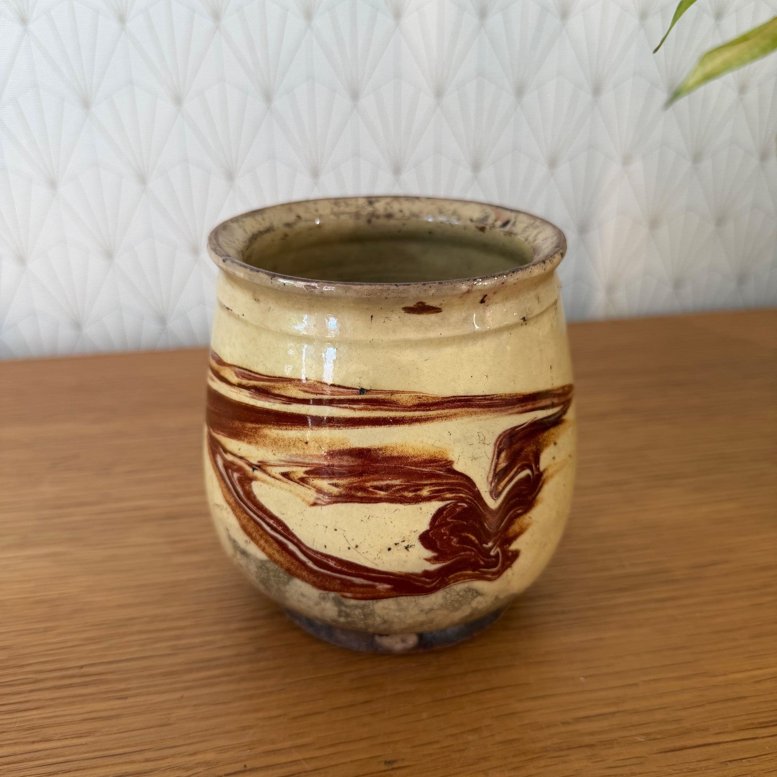 Vintage French Honey Pot Glazed Terracotta Yellow Marbled Brown Round 1006264 Unmarked