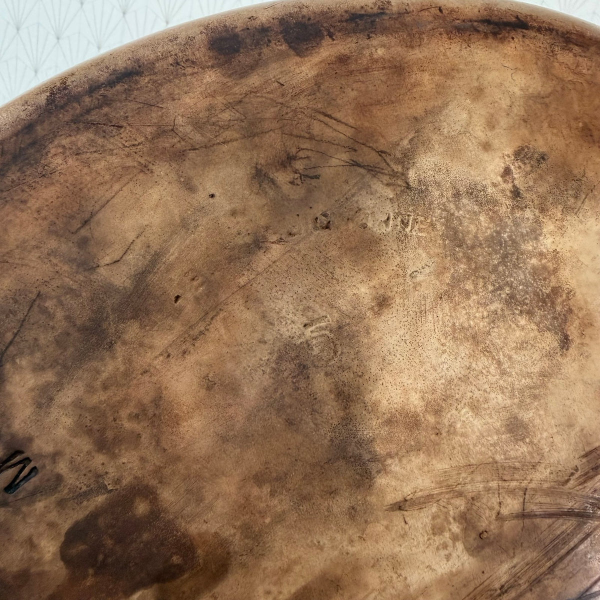 Vintage French oval stoneware baking vessel, authentic patina and worn surfaces