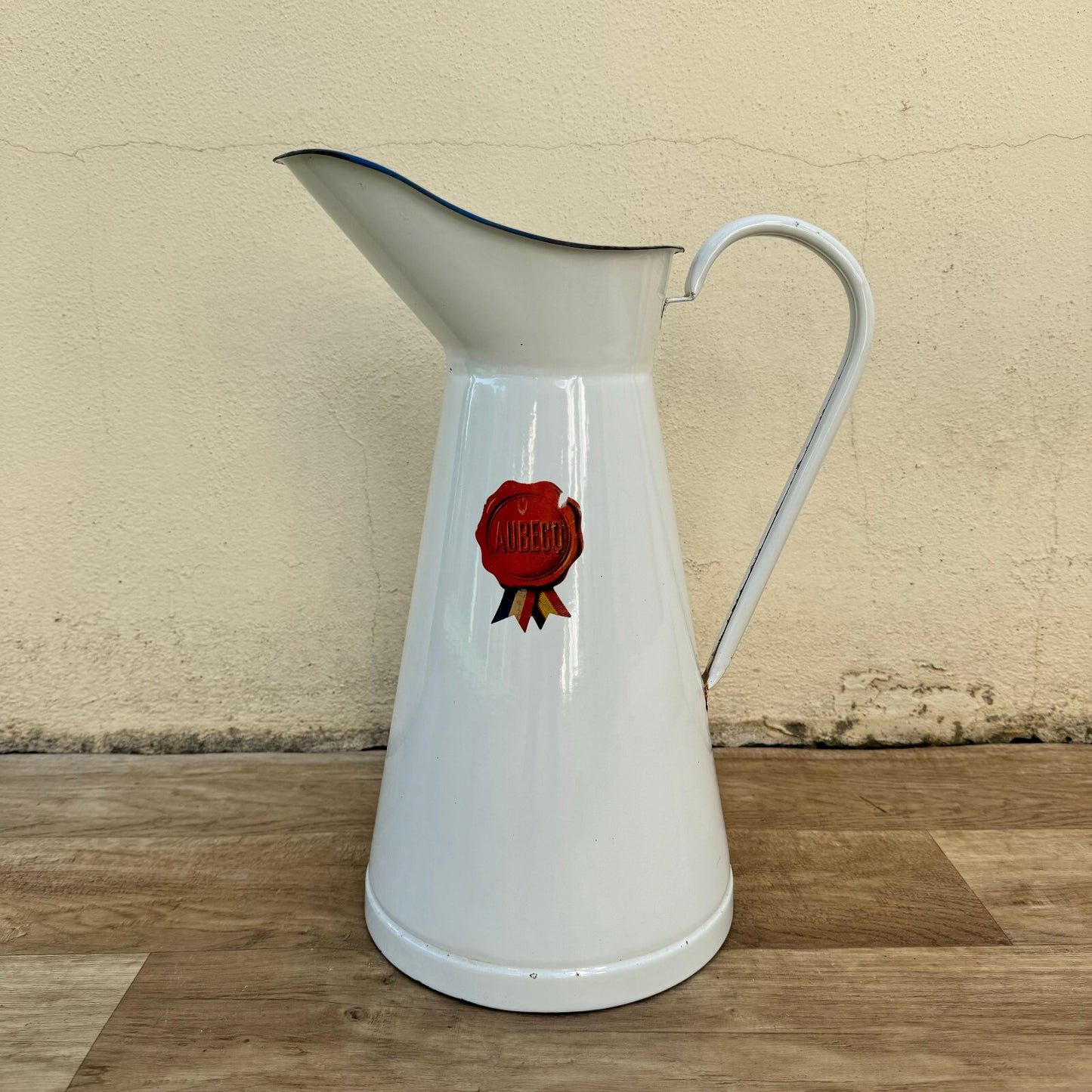Vintage French Enamel Pitcher White Blue Trim Water Jug Farmhouse 1906249 Fleamarketfrance