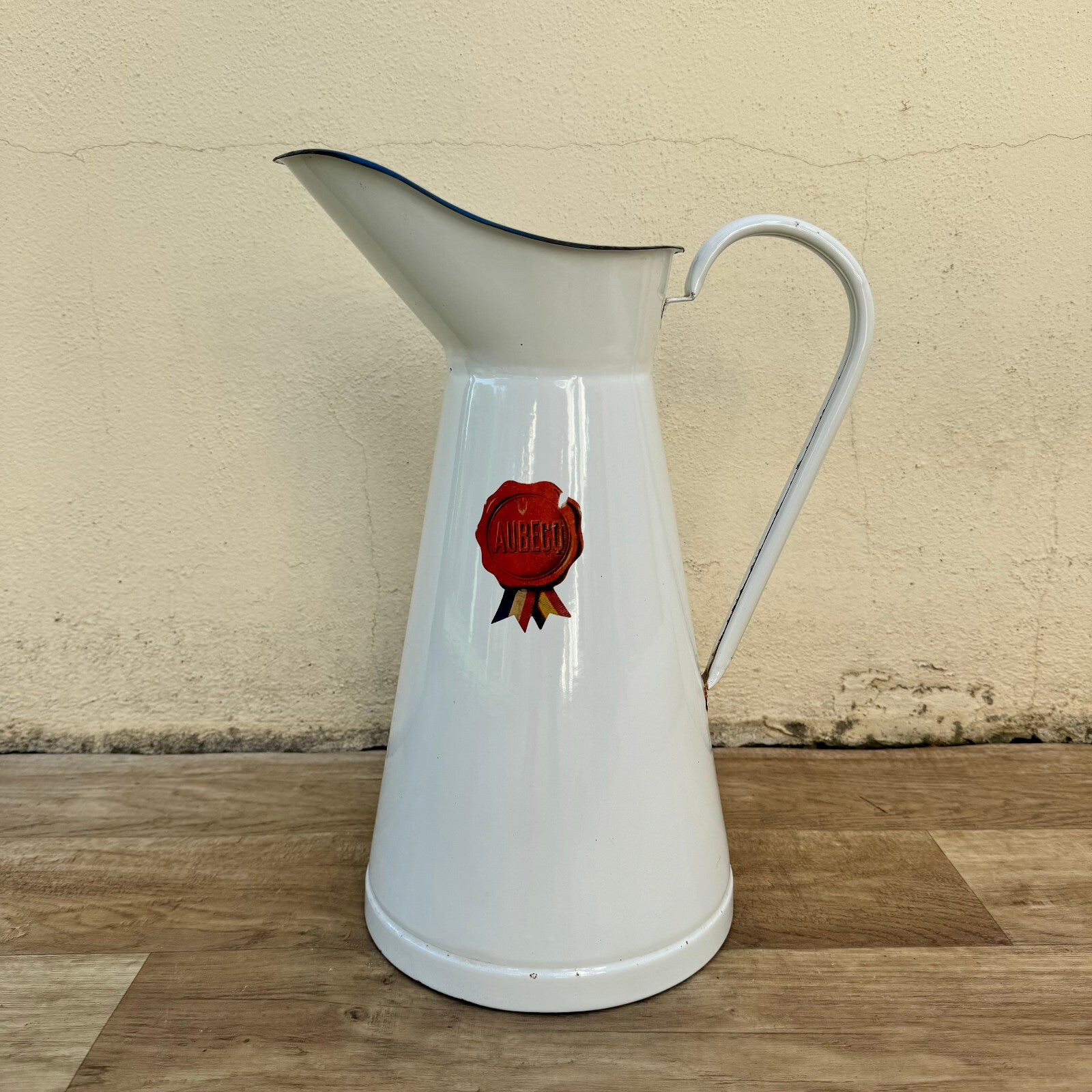 Vintage French Enamel Pitcher White Blue Trim Water Jug Farmhouse 1906249 Fleamarketfrance