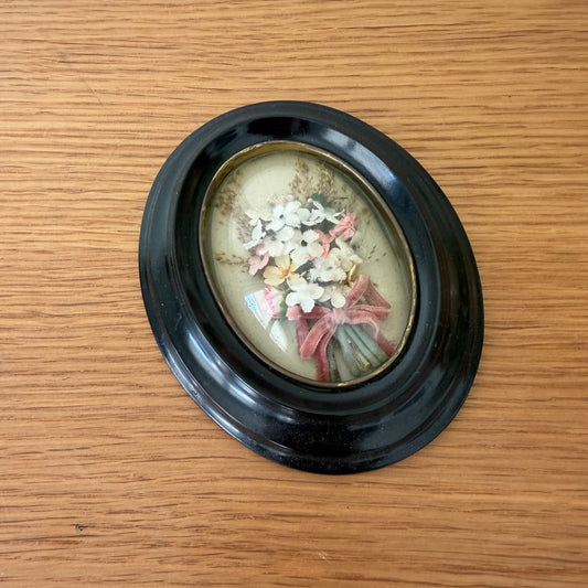 Vintage French Reliquary Black Wooden Frame Napoleon III Flowers 2203262