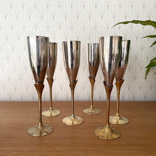 Vintage 6 silver gold champagne flutes silverplate glasses set 1905262 International Silver