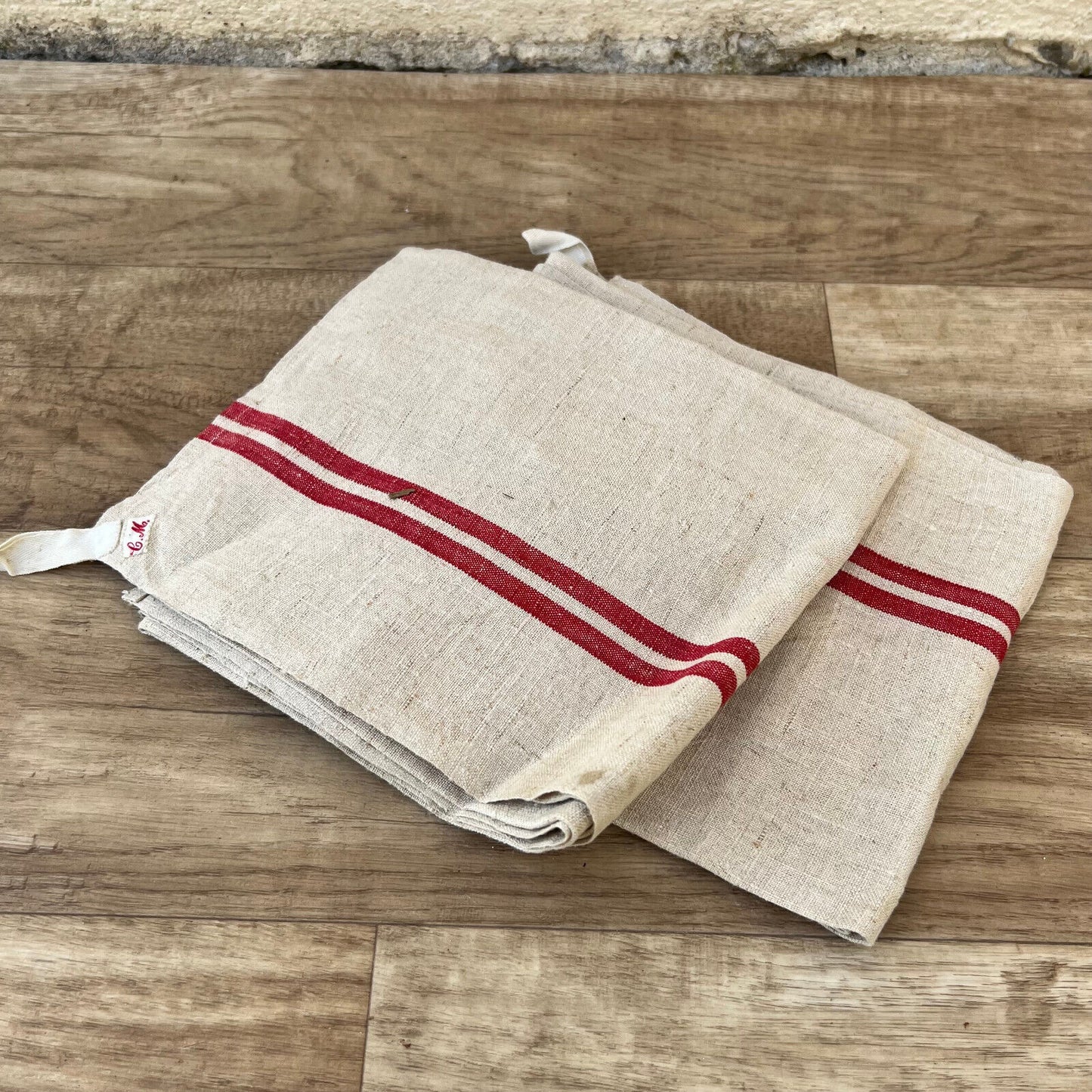 Vintage Rustic French Linen Red Stripe Tea Towel dish cloth Set of 2 12102417 - Fleamarketfrance