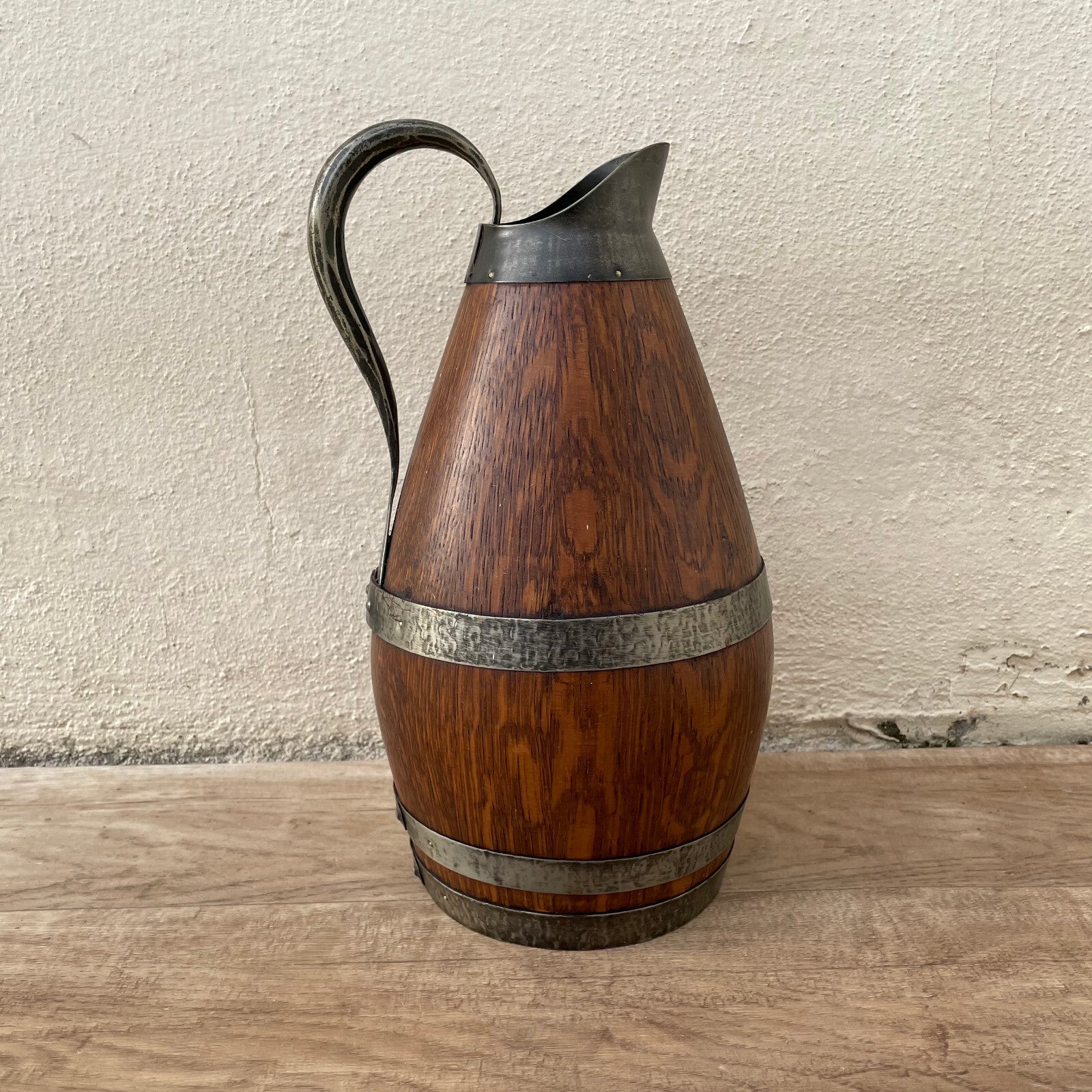 Antique French Wooden Wine Pitcher Staved Wood Metal Cider Jug 11.5" 1303251 Fleamarketfrance