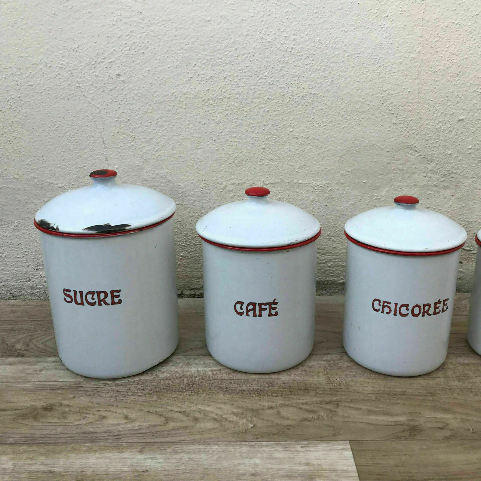 Bistro Francais Canister Set French Enameled France Vintage 1900 s 17011829 - Fleamarketfrance