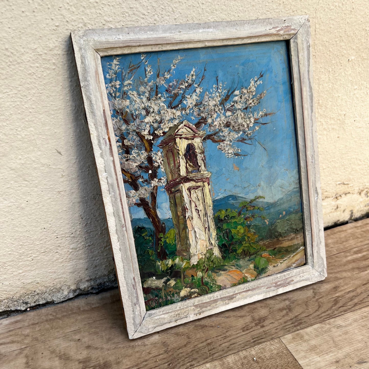 French Provence Oil Painting Bell Tower Landscape Signed Antique 02102214 Fleamarketfrance
