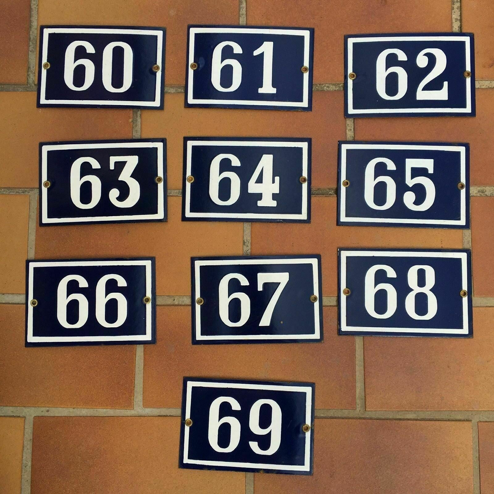 French Enamel House Numbers Vintage Street Door Signs Metal 10x15cm 60-69 GIROD