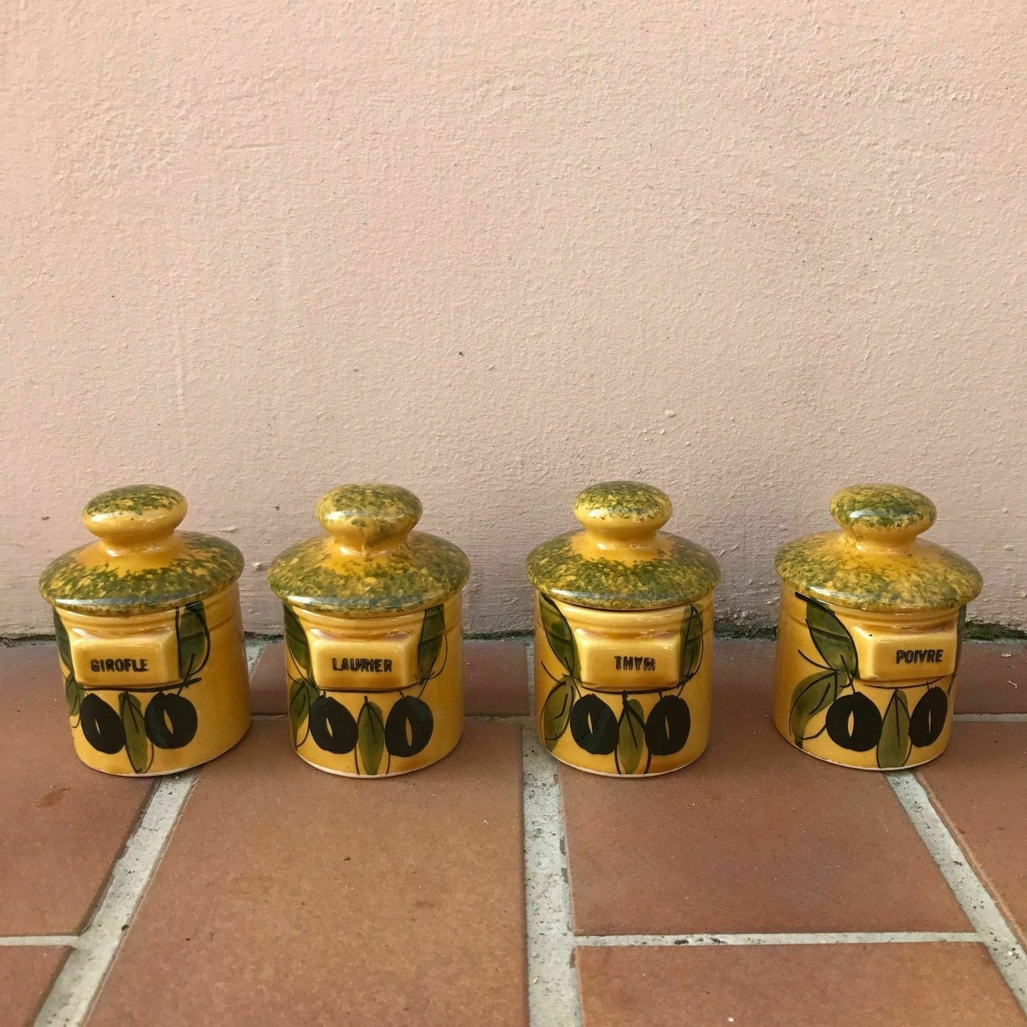 VINTAGE french pottery herbs canister kitchen pots HAND PAINTED 12041716 - Fleamarketfrance