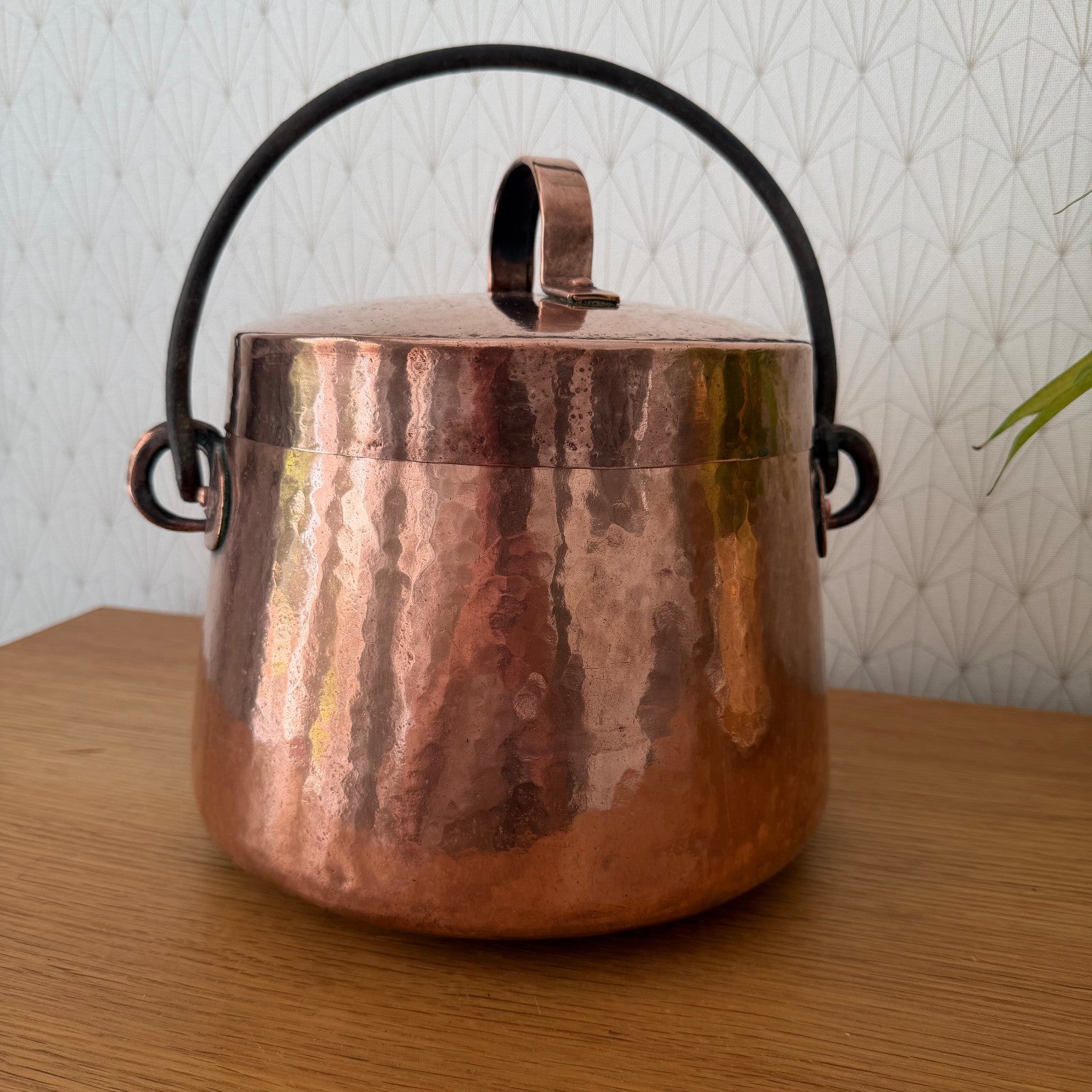 Detail of hammered copper surface and side handles on vintage French cauldron