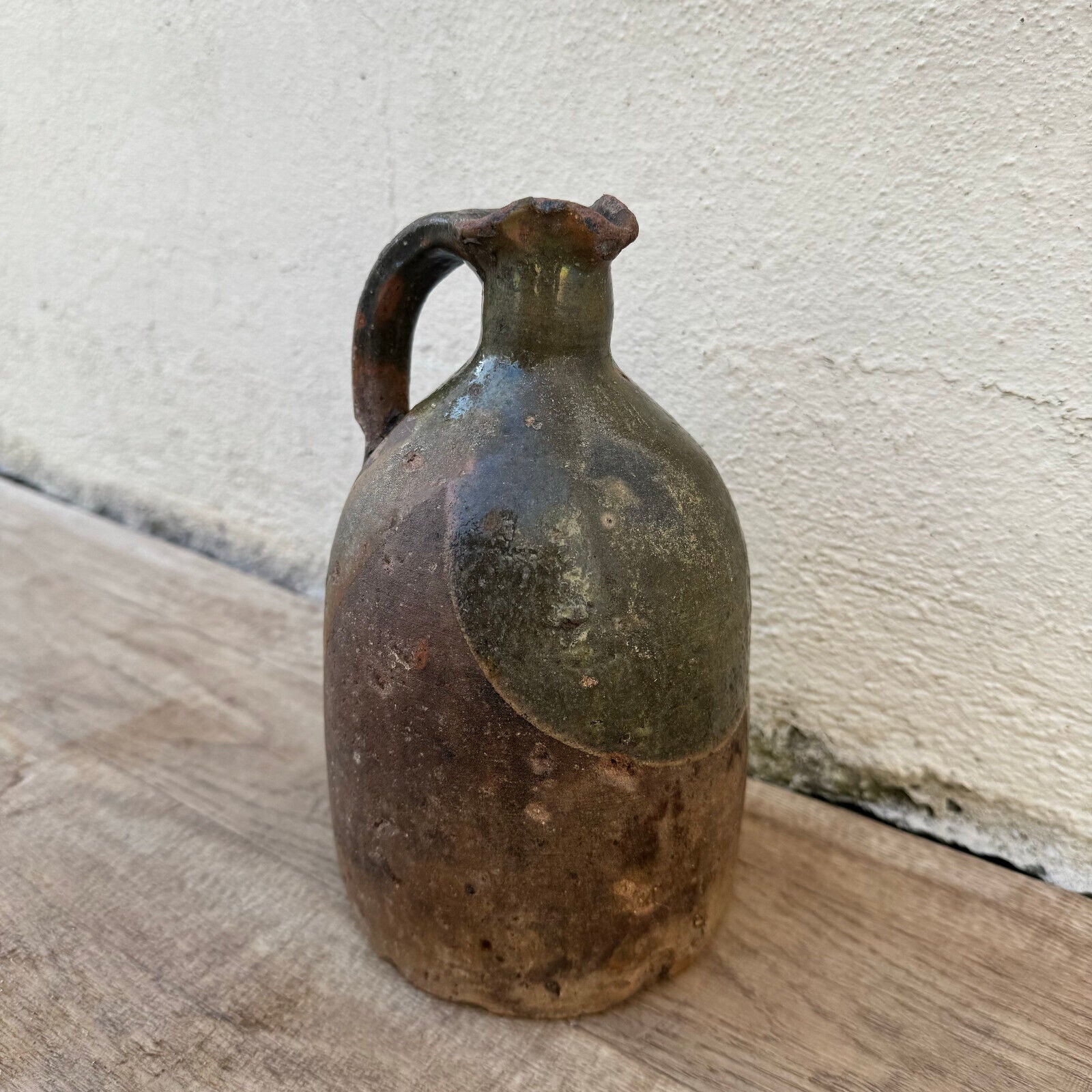 ANTIQUE HANDMADE GLAZED BEIGE BROWN FRENCH TERRA COTTA JUG PITCHER 06022416 - Fleamarketfrance