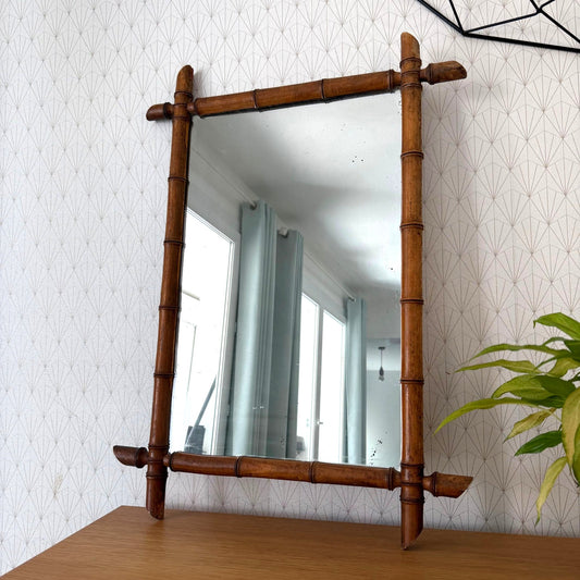 French Faux Bamboo Mirror Vintage Wood Frame Wall Mount 22x31" 10062613 Fleamarketfrance