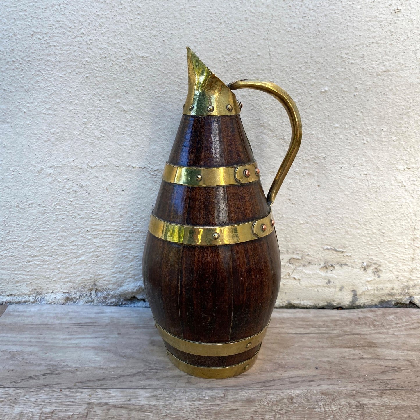 Antique French Wooden Wine Pitcher Staved Wood Brass Bands Cider Jug 07072612 Fleamarketfrance