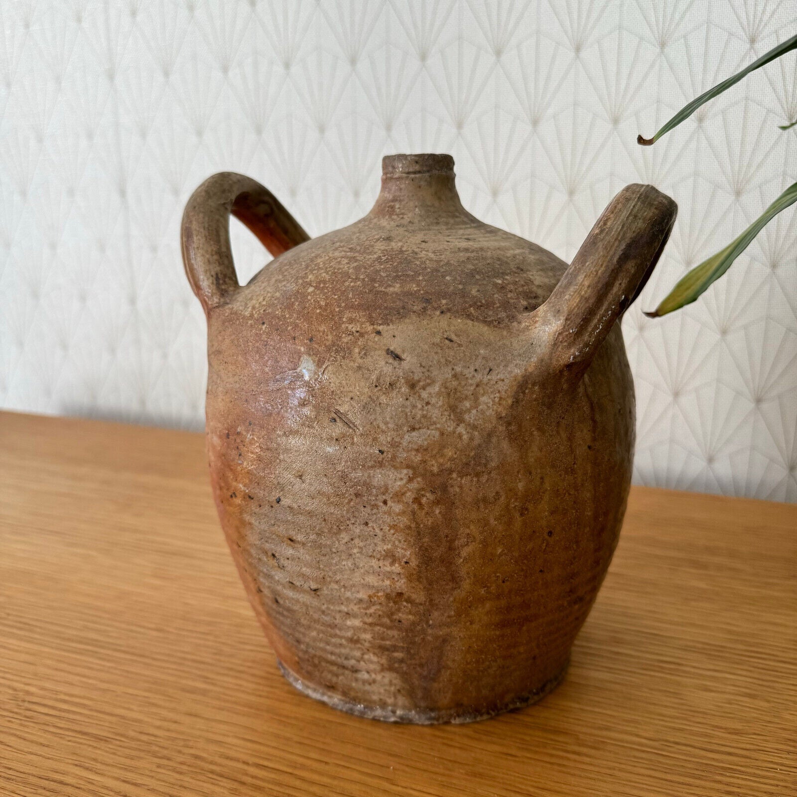 HANDMADE GLAZED BEIGE BROWN ANTIQUE FRENCH STONEWARE JUG AMPHORA 15062410 - Fleamarketfrance