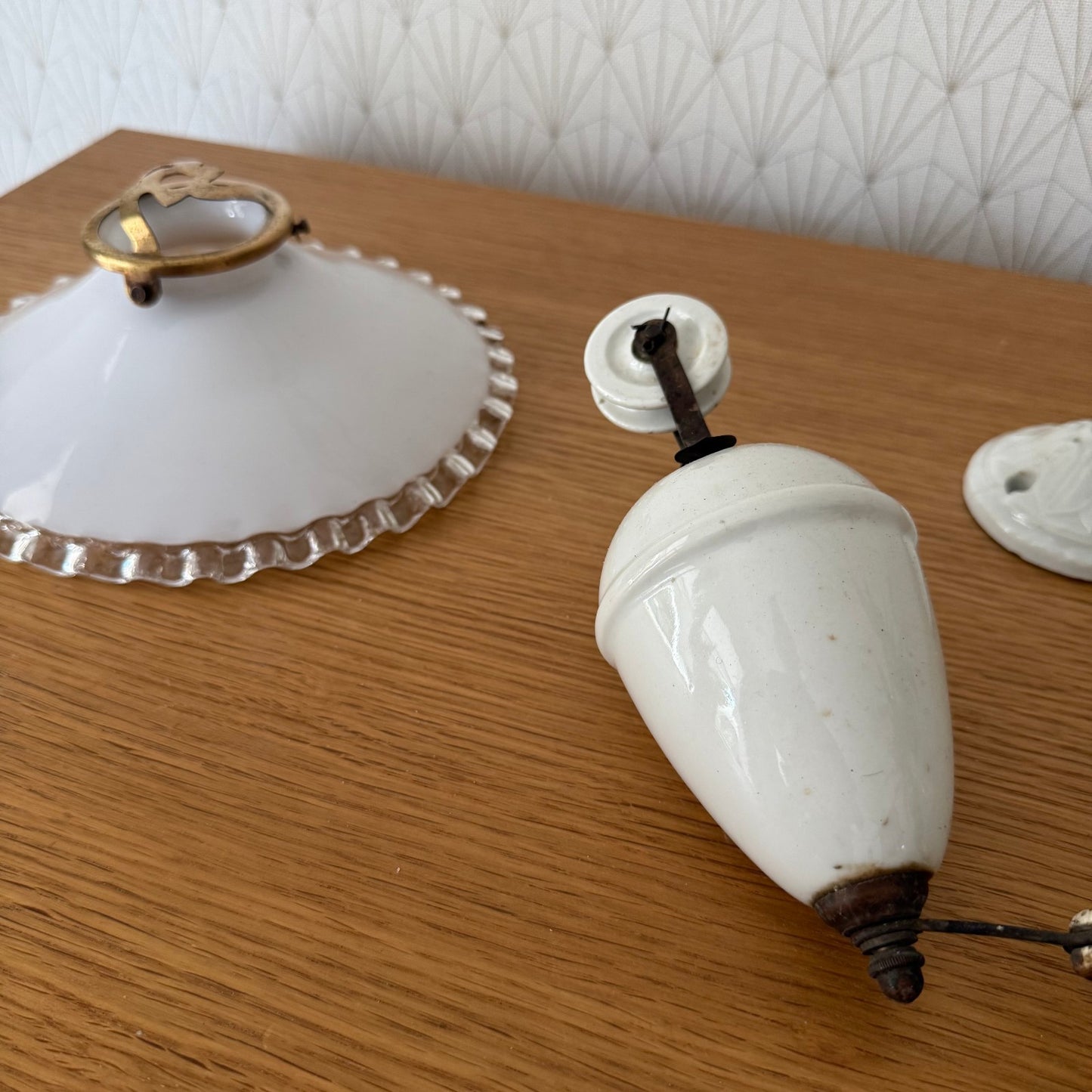 Vintage French Pendant Light Shade Opaline Art Deco Porcelain 2708253