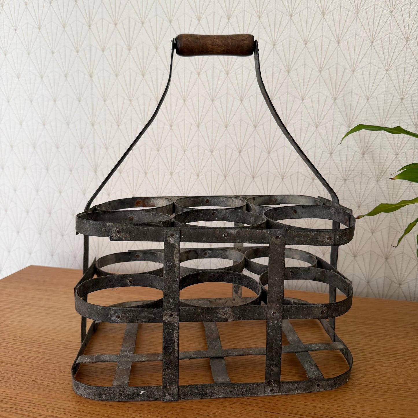 VINTAGE FRENCH Handmade Zinc Metalware 6 Bottle Wine Carrier Basket 08102512