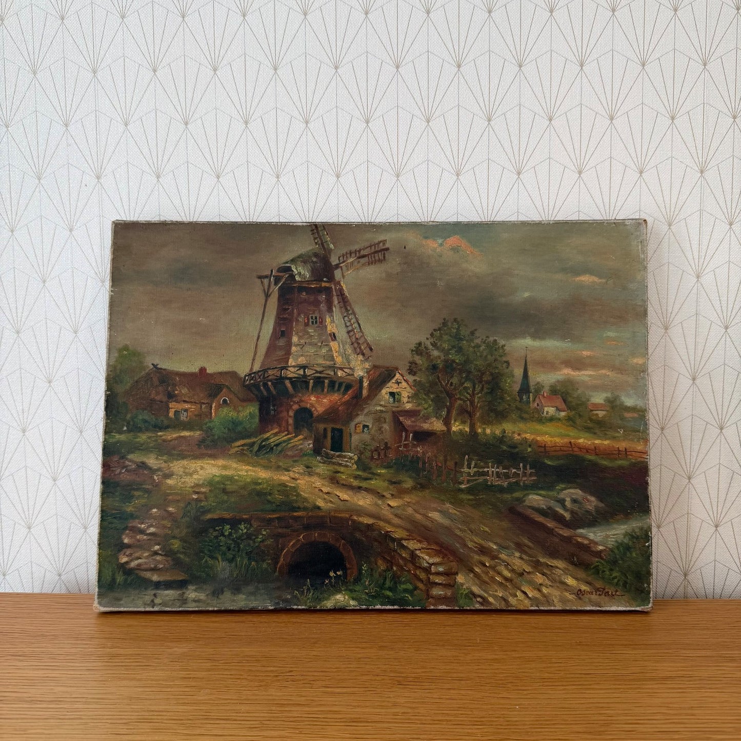 Antique Windmill Oil Painting on Canvas Signed Oscar Paul 1407268 Does Not Apply