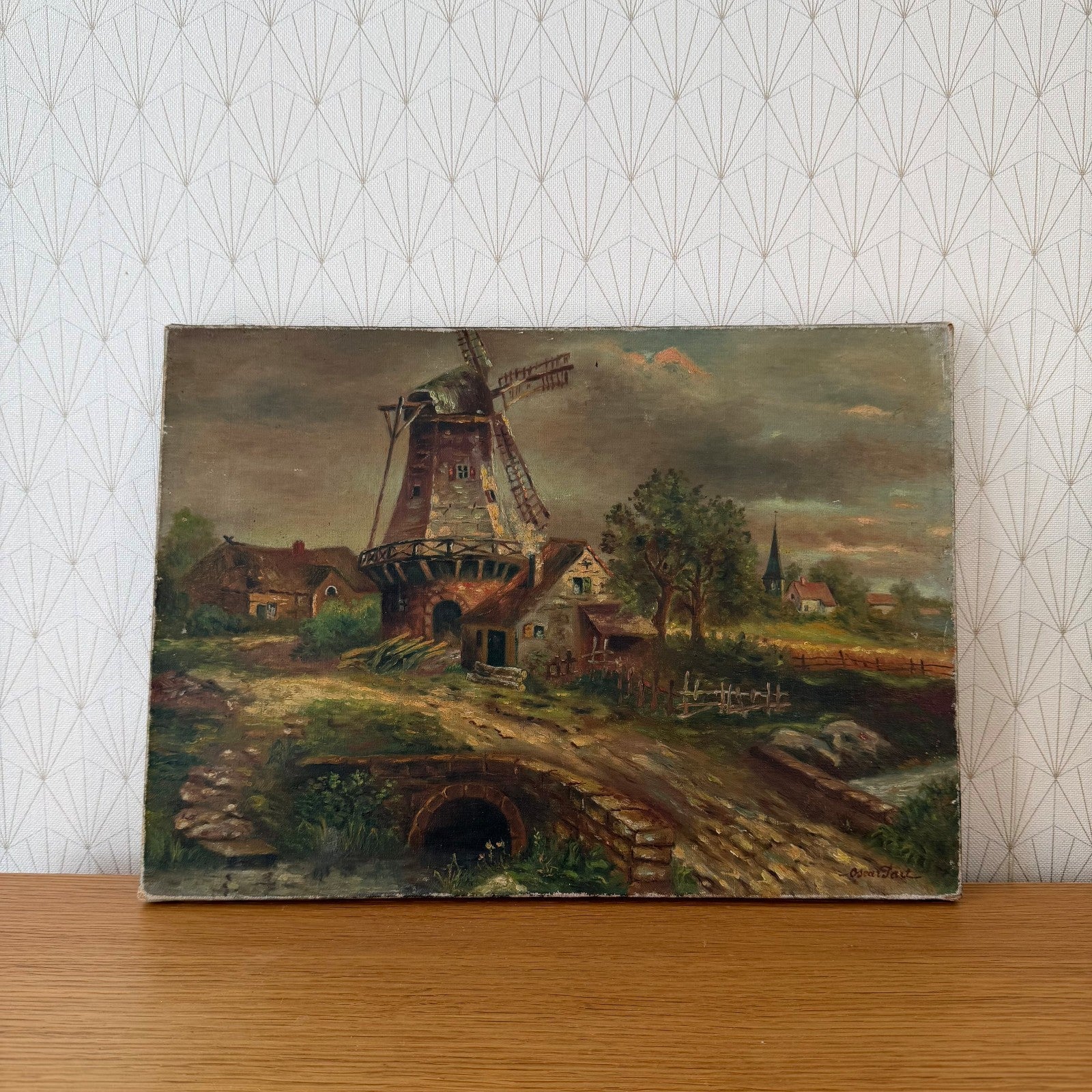 Antique Windmill Oil Painting on Canvas Signed Oscar Paul 1407268 Does Not Apply