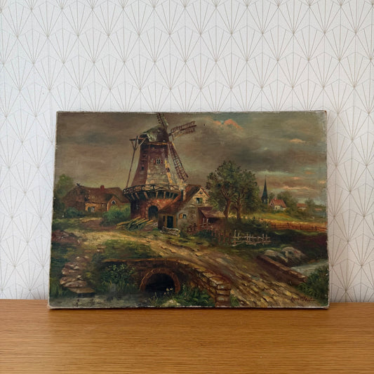 Antique Windmill Oil Painting on Canvas Signed Oscar Paul 1407268 Does Not Apply
