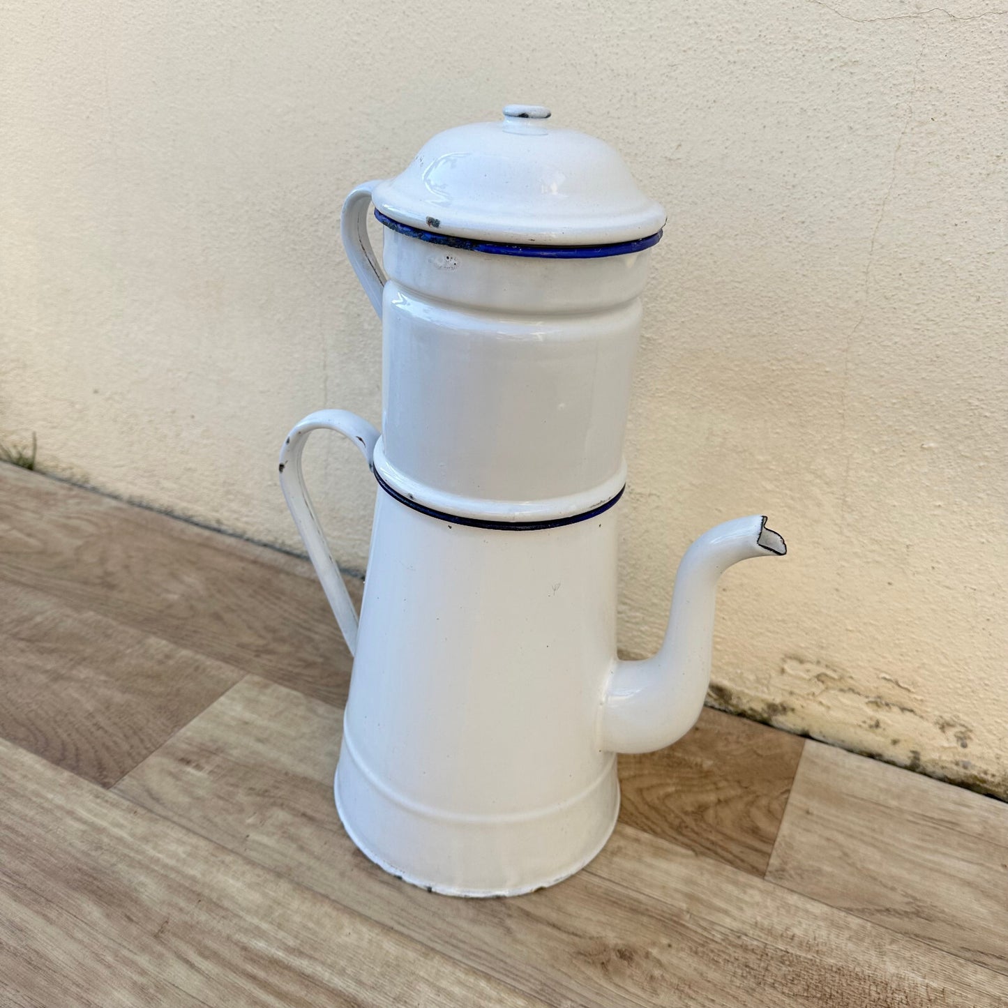 French Enamel Coffee Pot White Blue Trim Biggin Filter Vintage 1302233 Fleamarketfrance